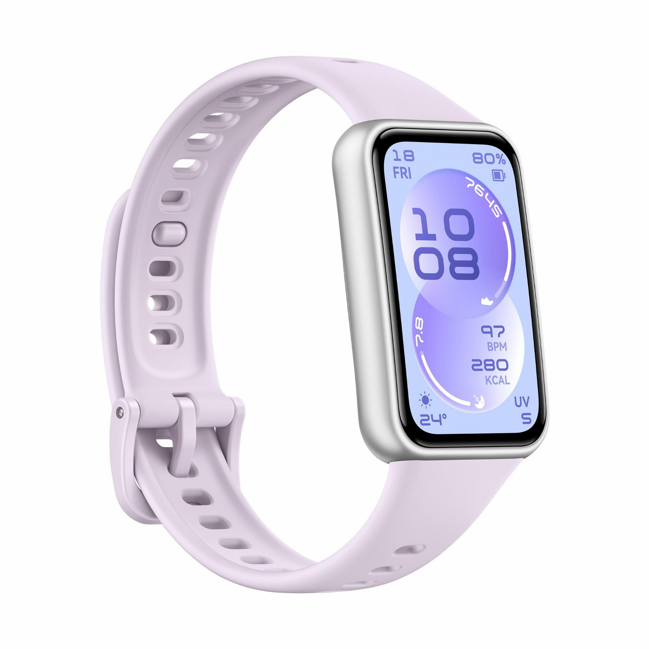 Un fitness tracker viola chiaro con cornice argentata e display blu.