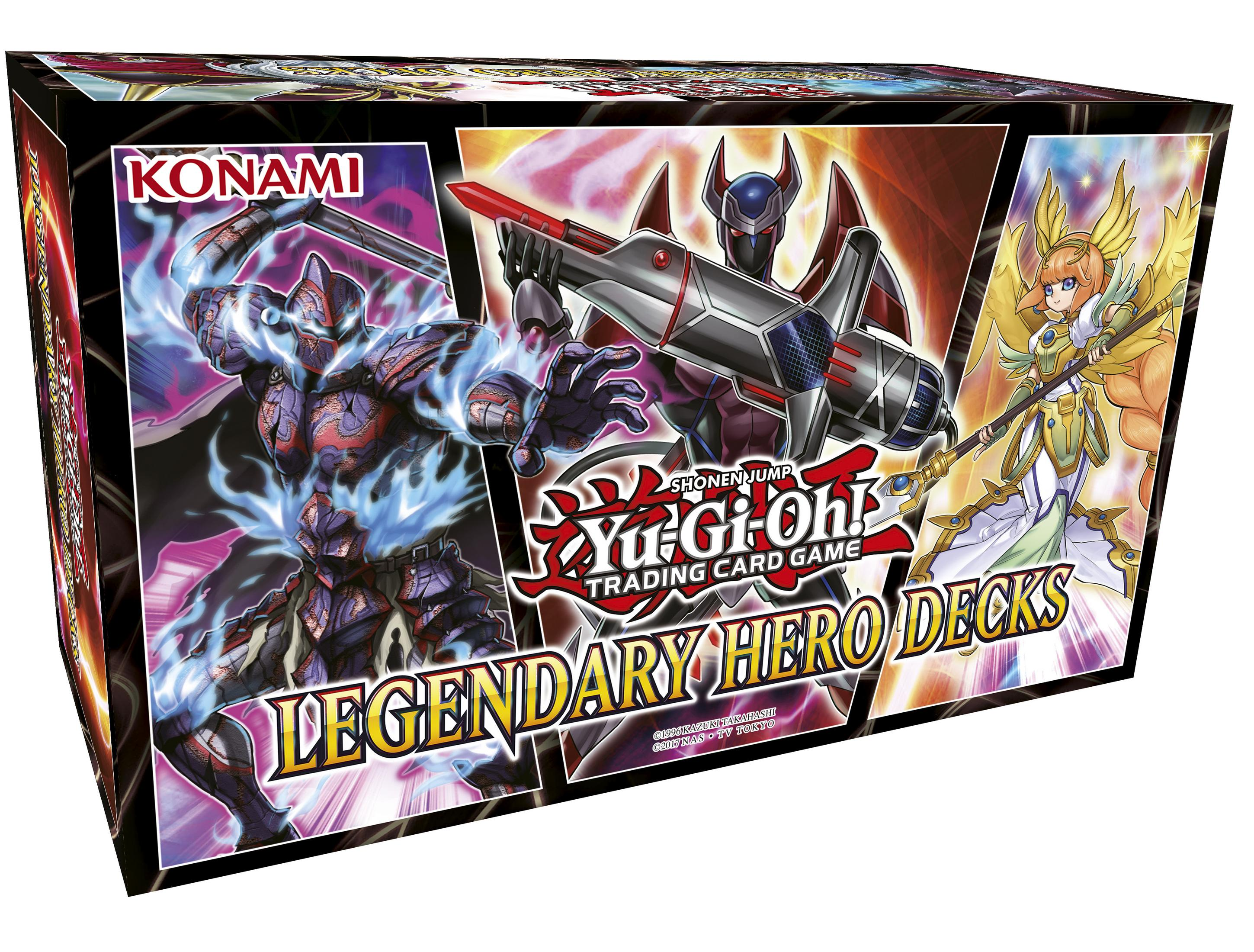 Yu-Gi-Oh! Legendary Hero Decks Box mit drei Helden-Figuren und Konami-Logo.