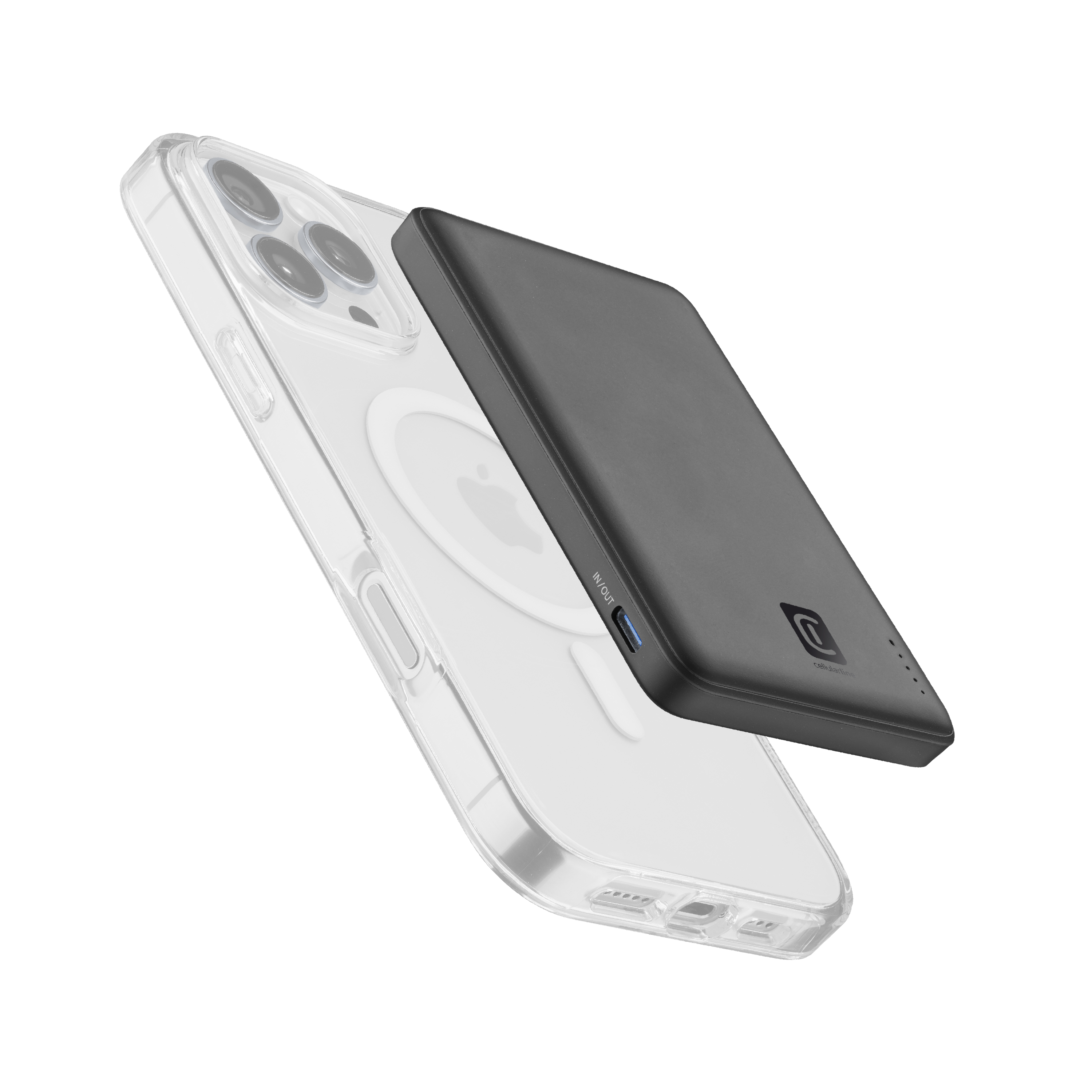 Power bank nera su custodia trasparente per telefono con logo Apple.