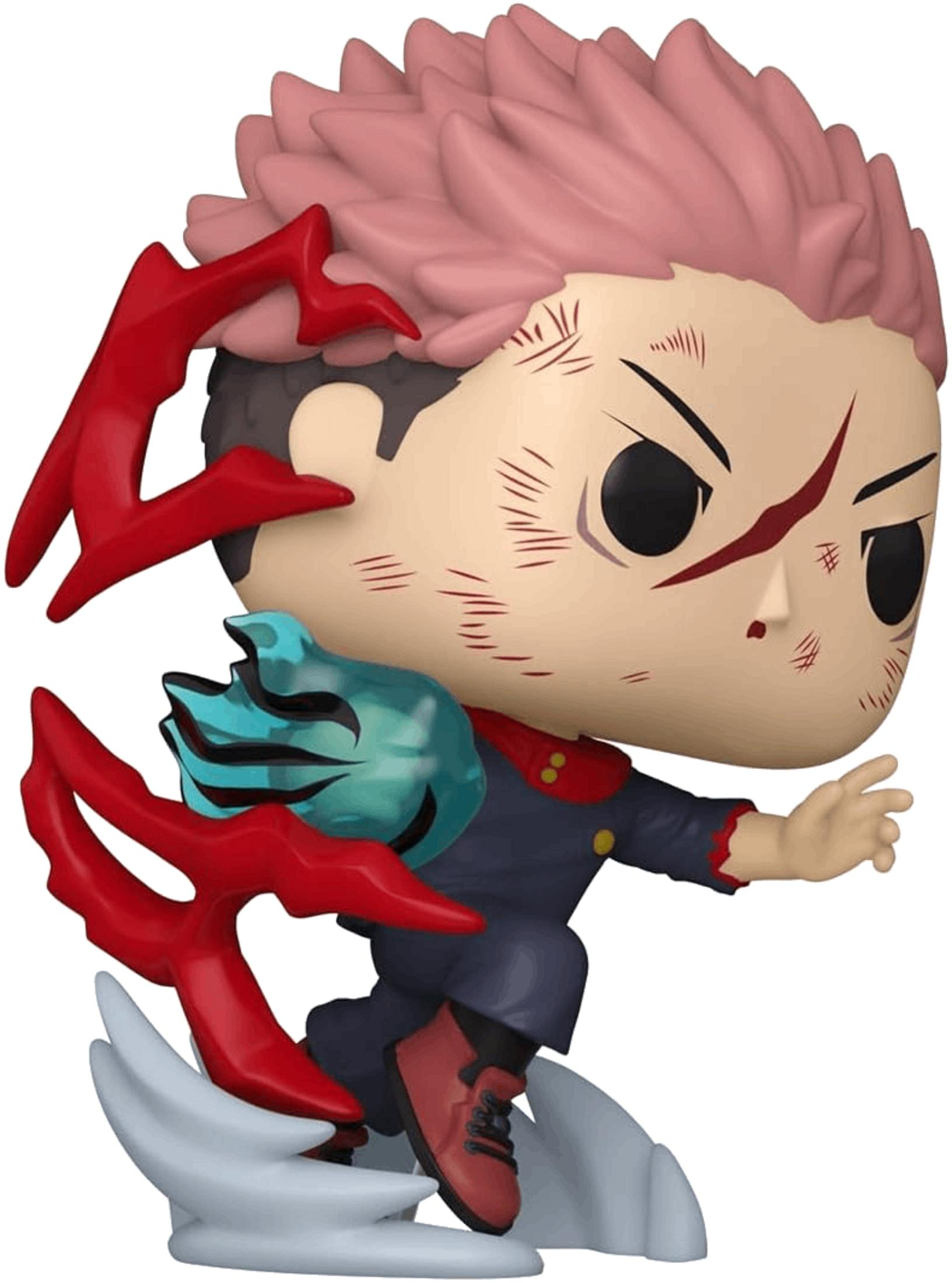 Una figura con pelo rosa, máscara azul y acentos rojos.