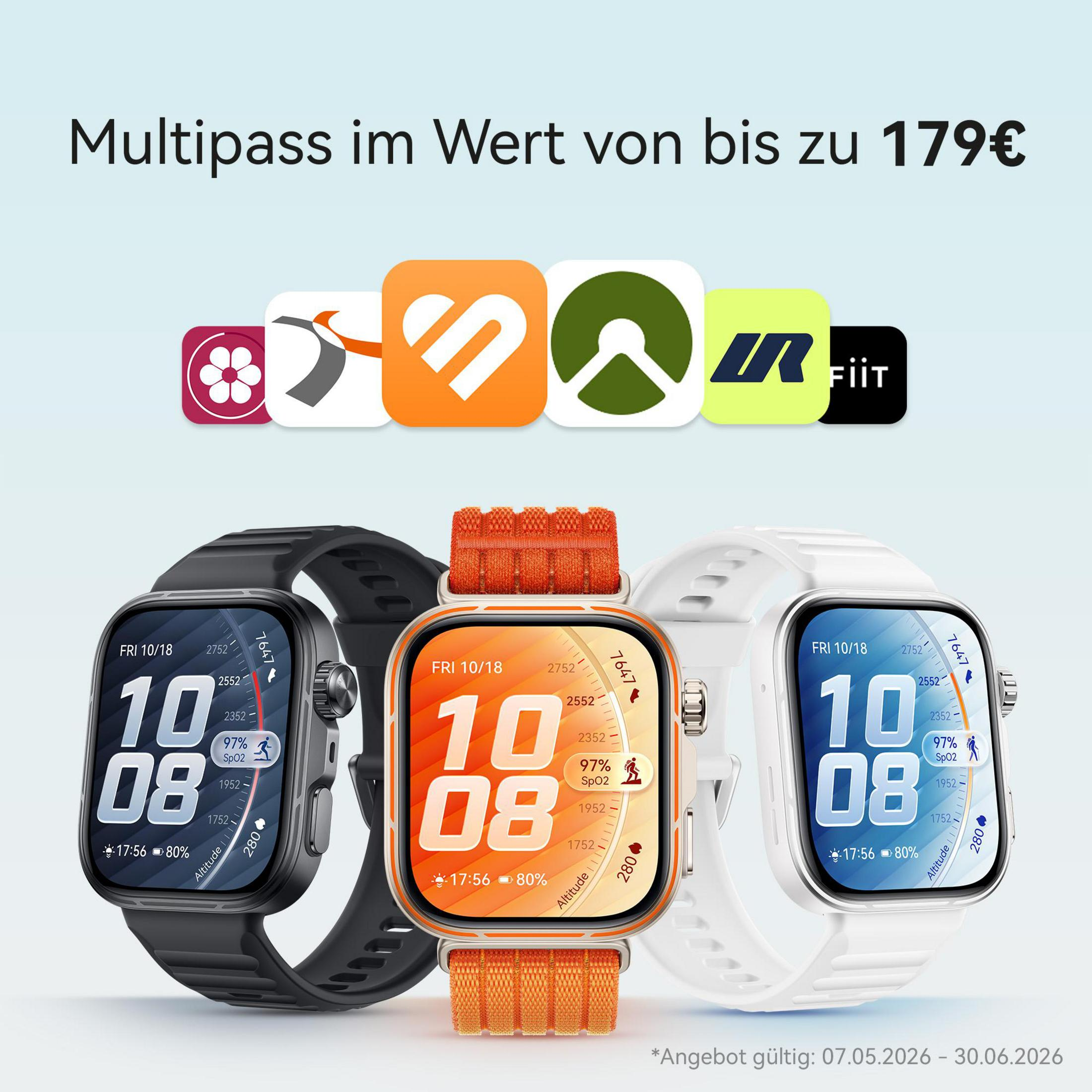 Tres relojes inteligentes en negro, naranja y blanco con logos arriba.