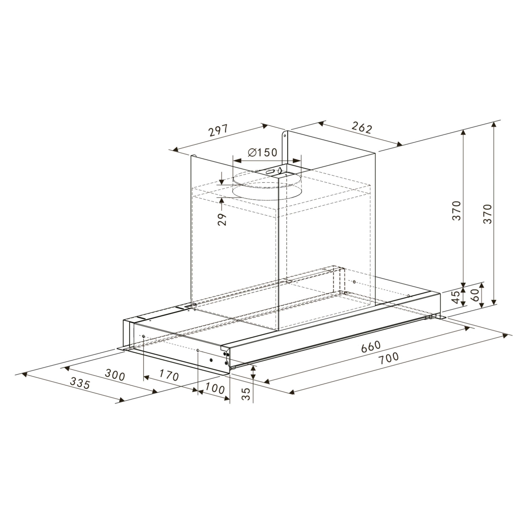 Dibujo técnico de una campana extractora con dimensiones.