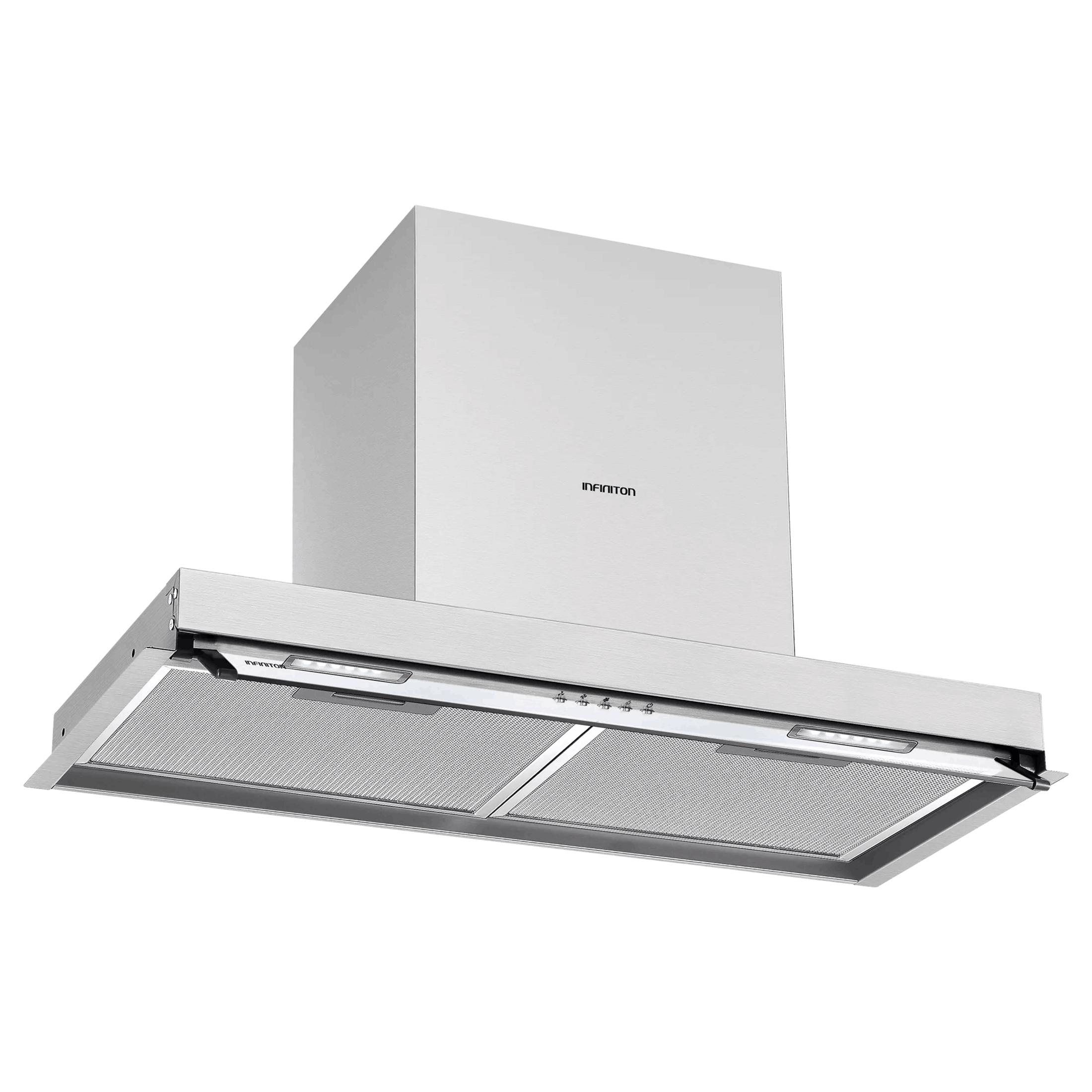 Campana extractora de acero inoxidable con luces y controles integrados.
