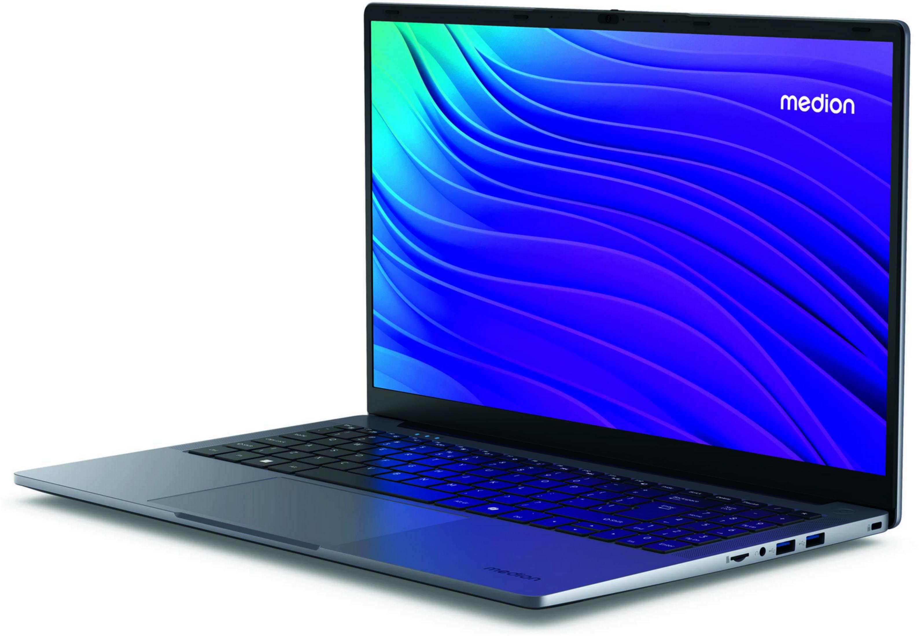 Un portátil azul abierto con logo de Medion y fondo de pantalla ondulado.