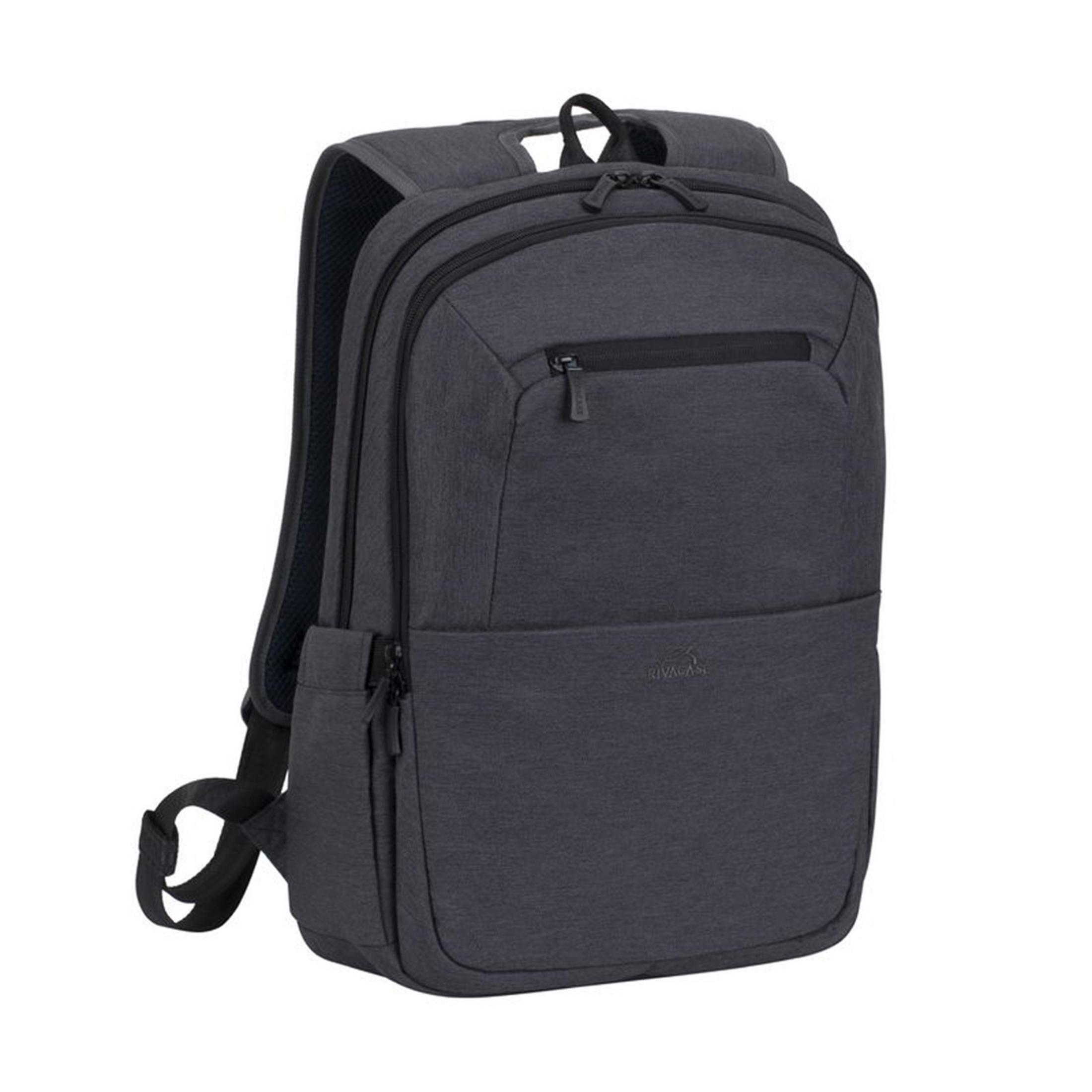 Uno zaino scuro con più scomparti e zip su sfondo bianco.