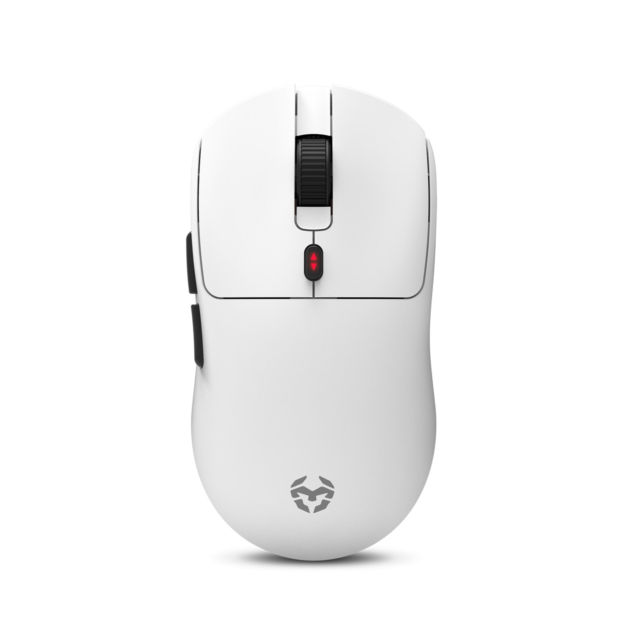 Mouse bianco con rotella nera e simbolo rosso.