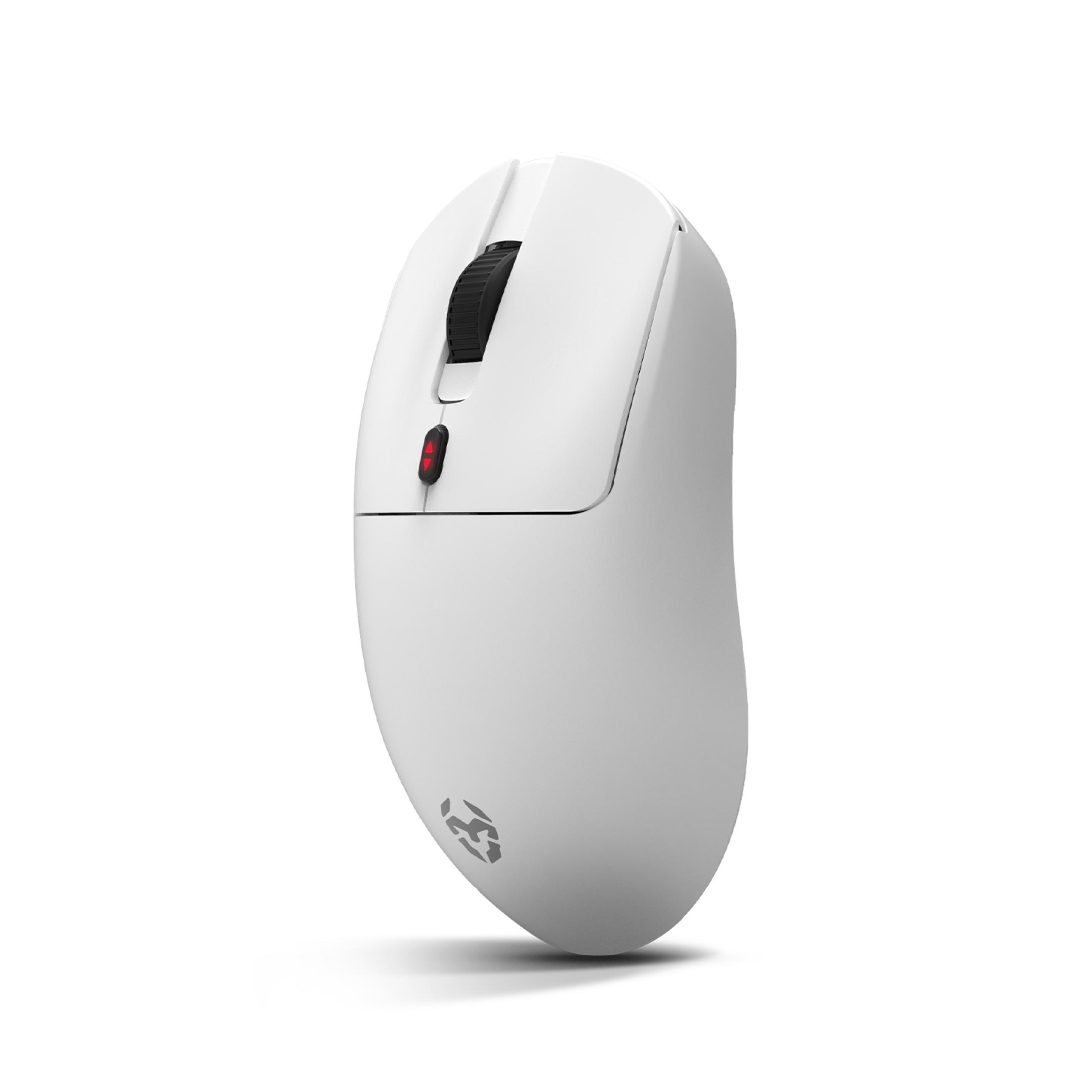 Un mouse da gaming bianco con rotellina nera e pulsante rosso.