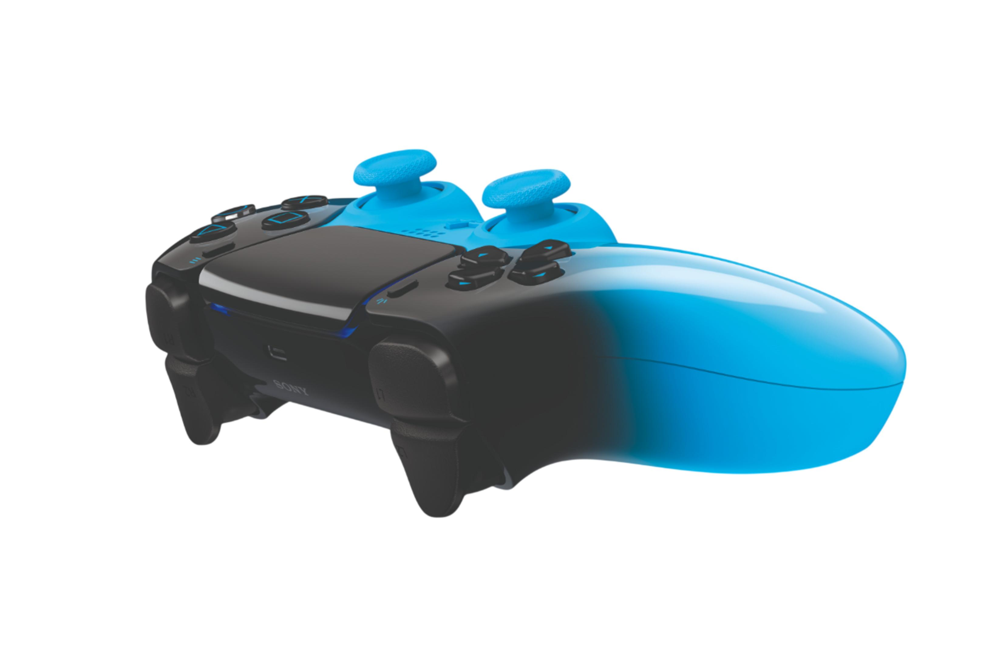 Controller di gioco nero e blu con doppio stick analogico e pulsanti.
