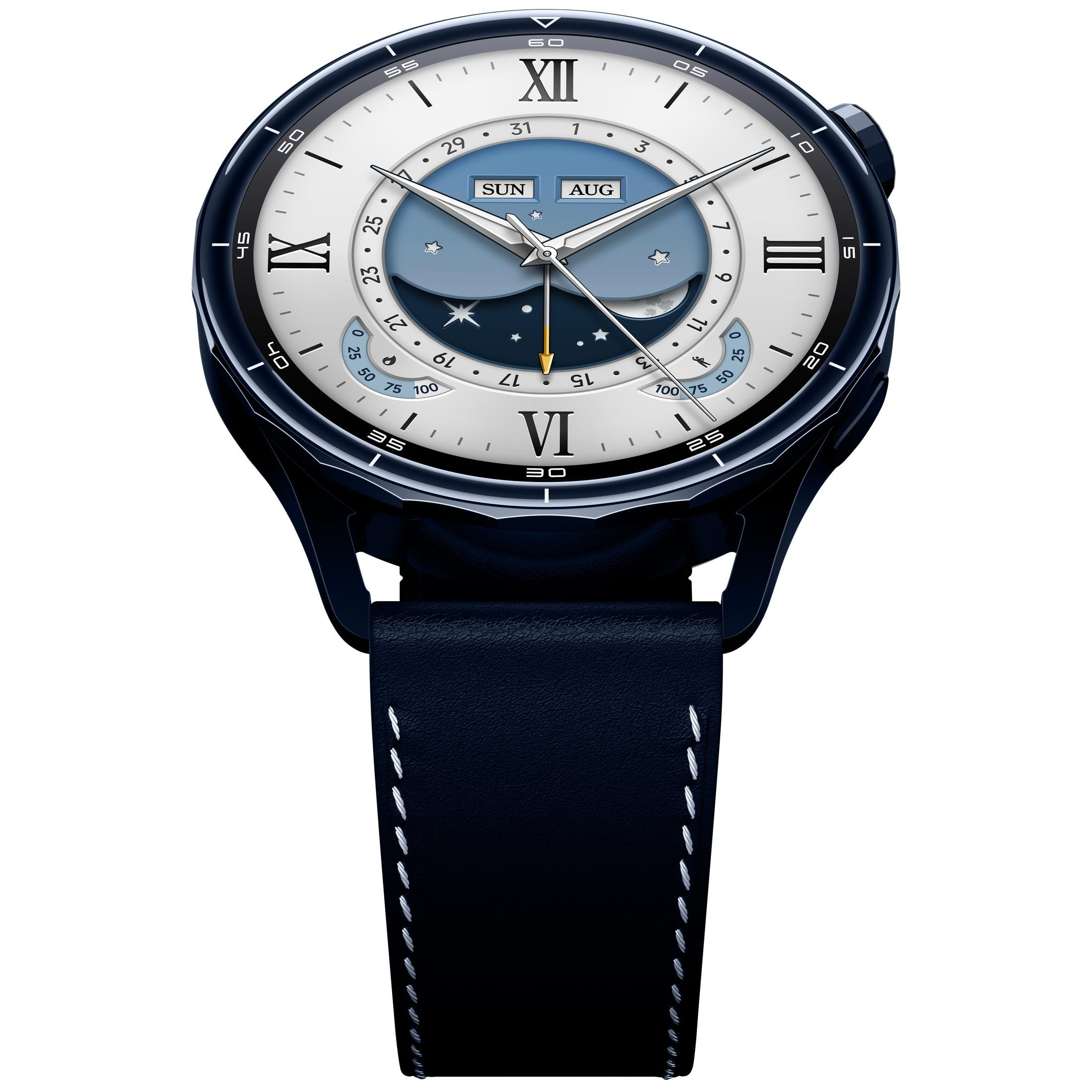 Un orologio da polso blu scuro con quadrante bianco e indicatore delle fasi lunari.