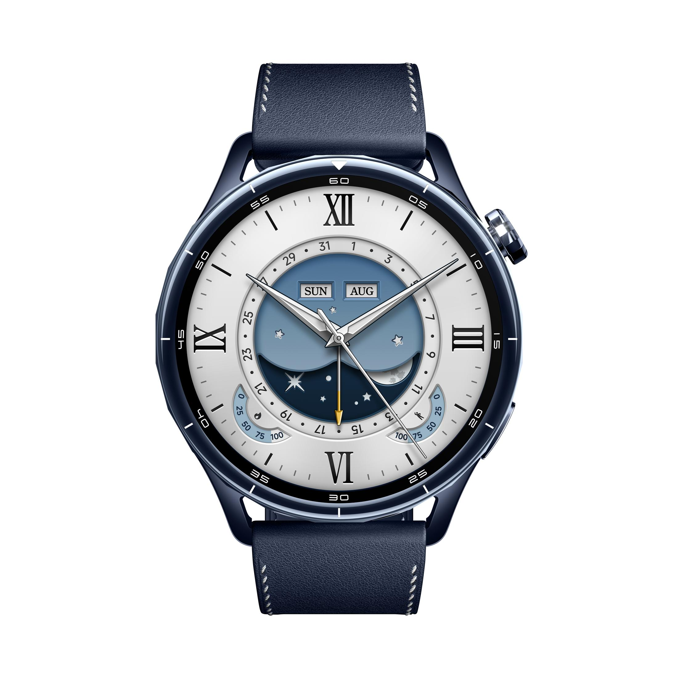 Un orologio con cinturino in pelle blu scuro e quadrante bianco con fasi lunari.
