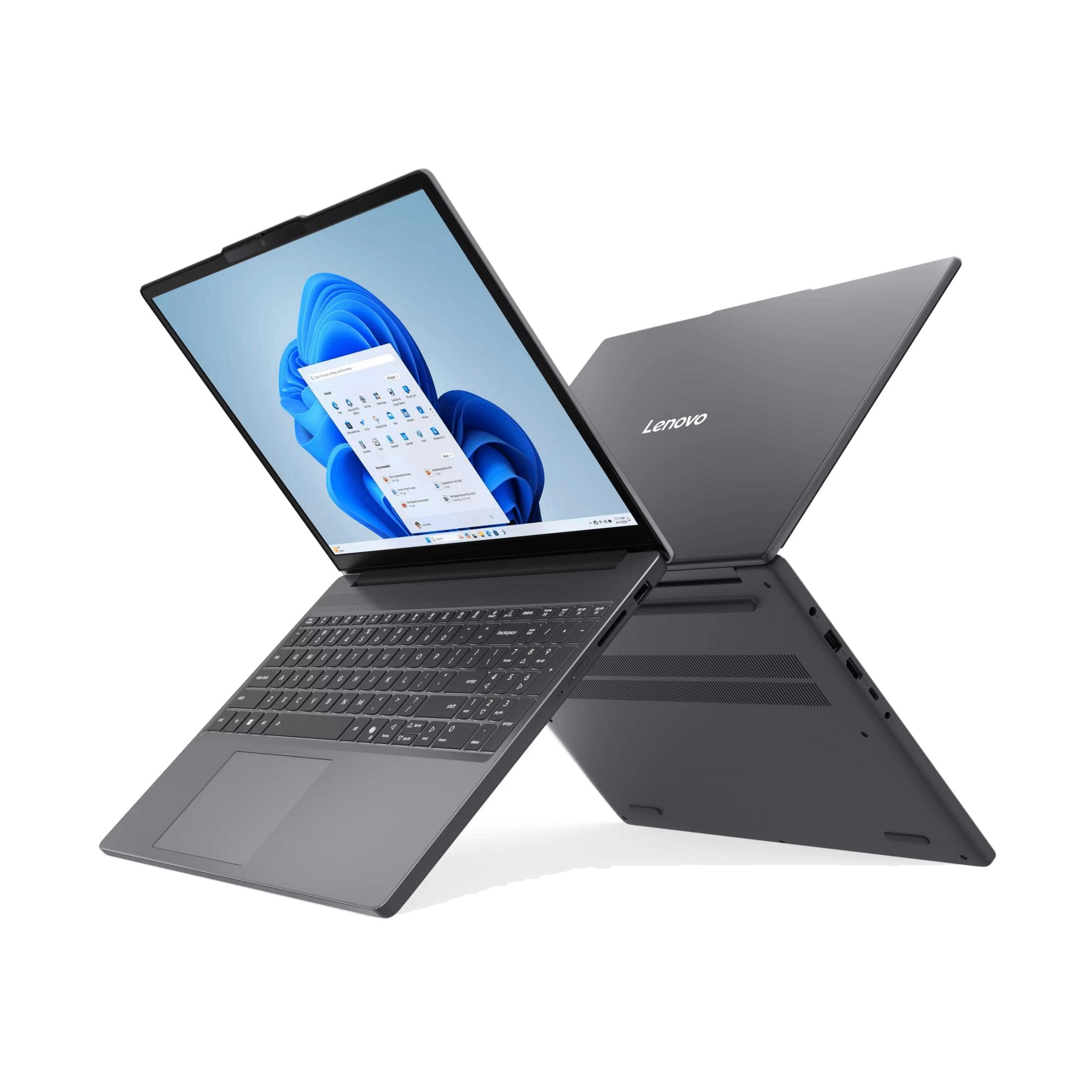 Un portátil Lenovo 2 en 1 gris con la pantalla abierta, flotando sobre fondo blanco.