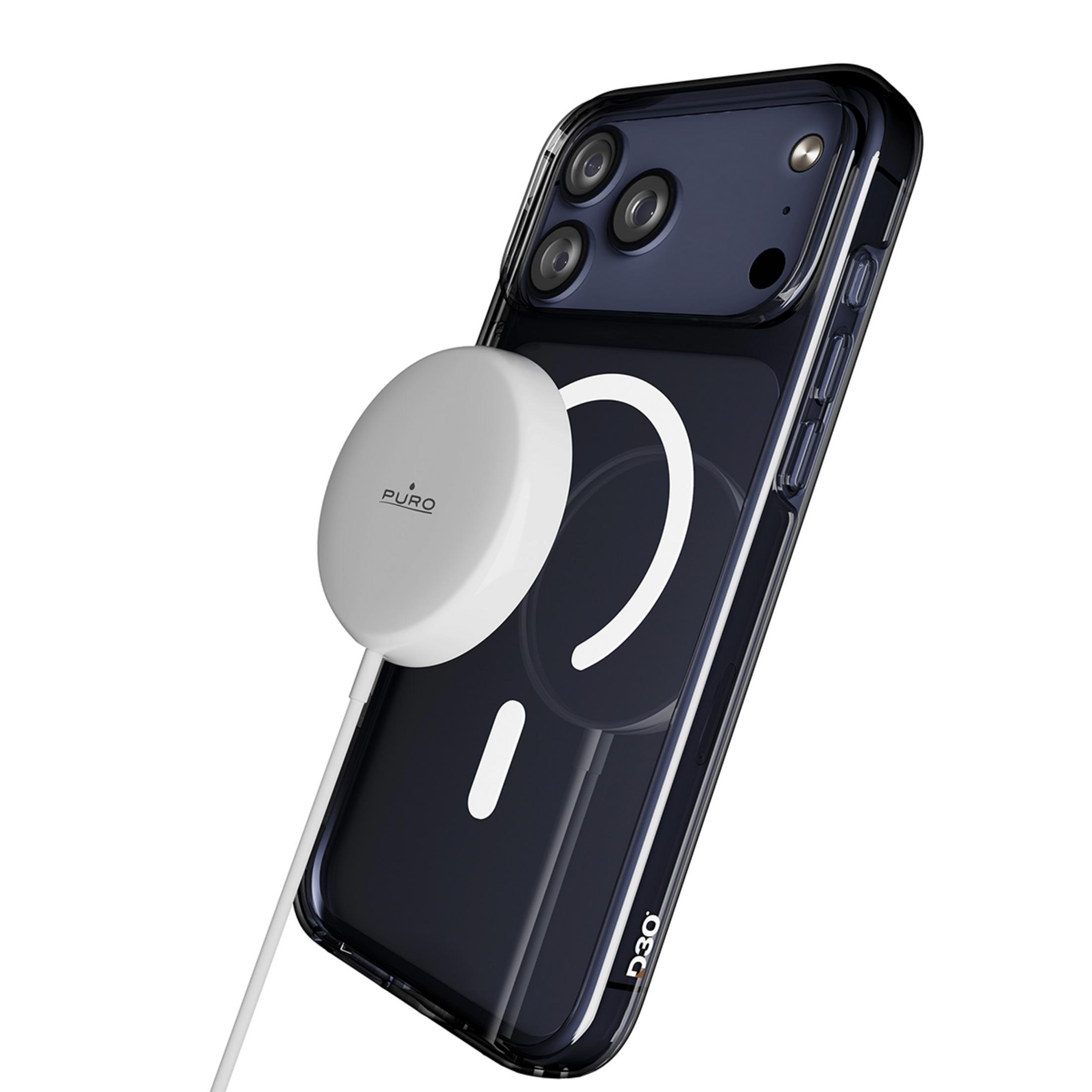 Przezroczyste etui na iPhone z trzema aparatami i białą ładowarką Puro.