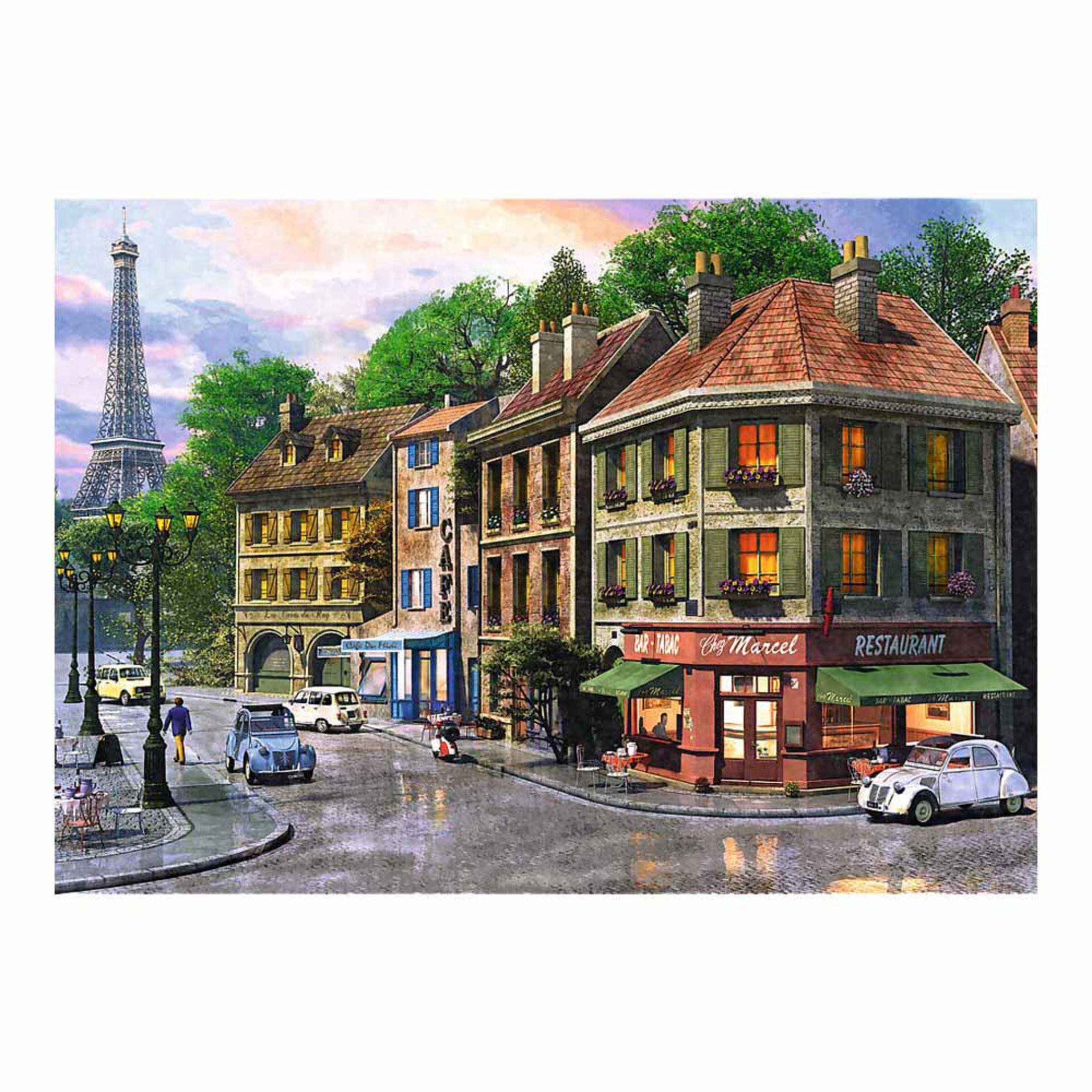 Torre Eiffel sobre una escena callejera parisina con cafés, restaurantes y coches.