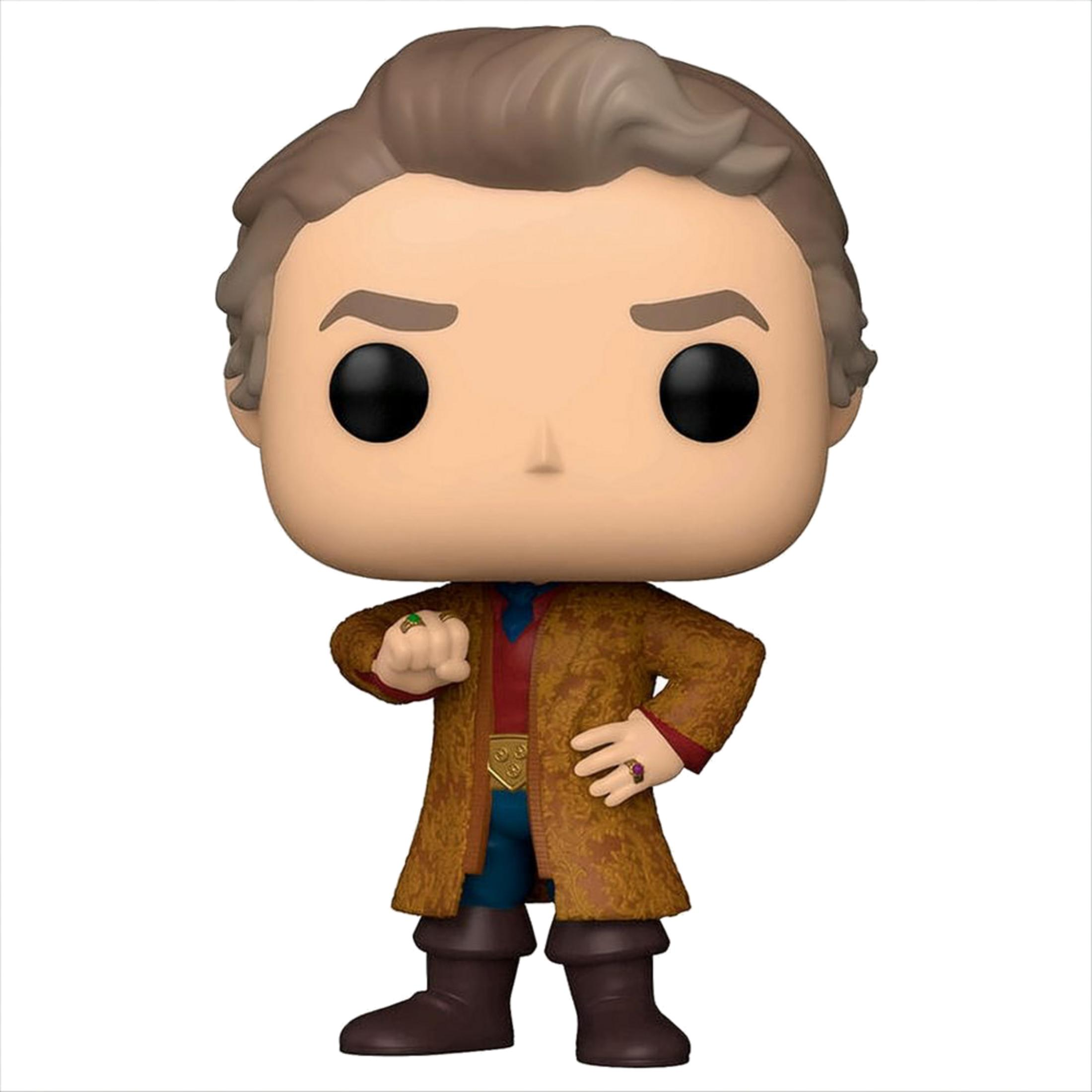 Statua Funko Pop! di un uomo con capelli castani, cappotto marrone, camicia rossa e pantaloni blu.