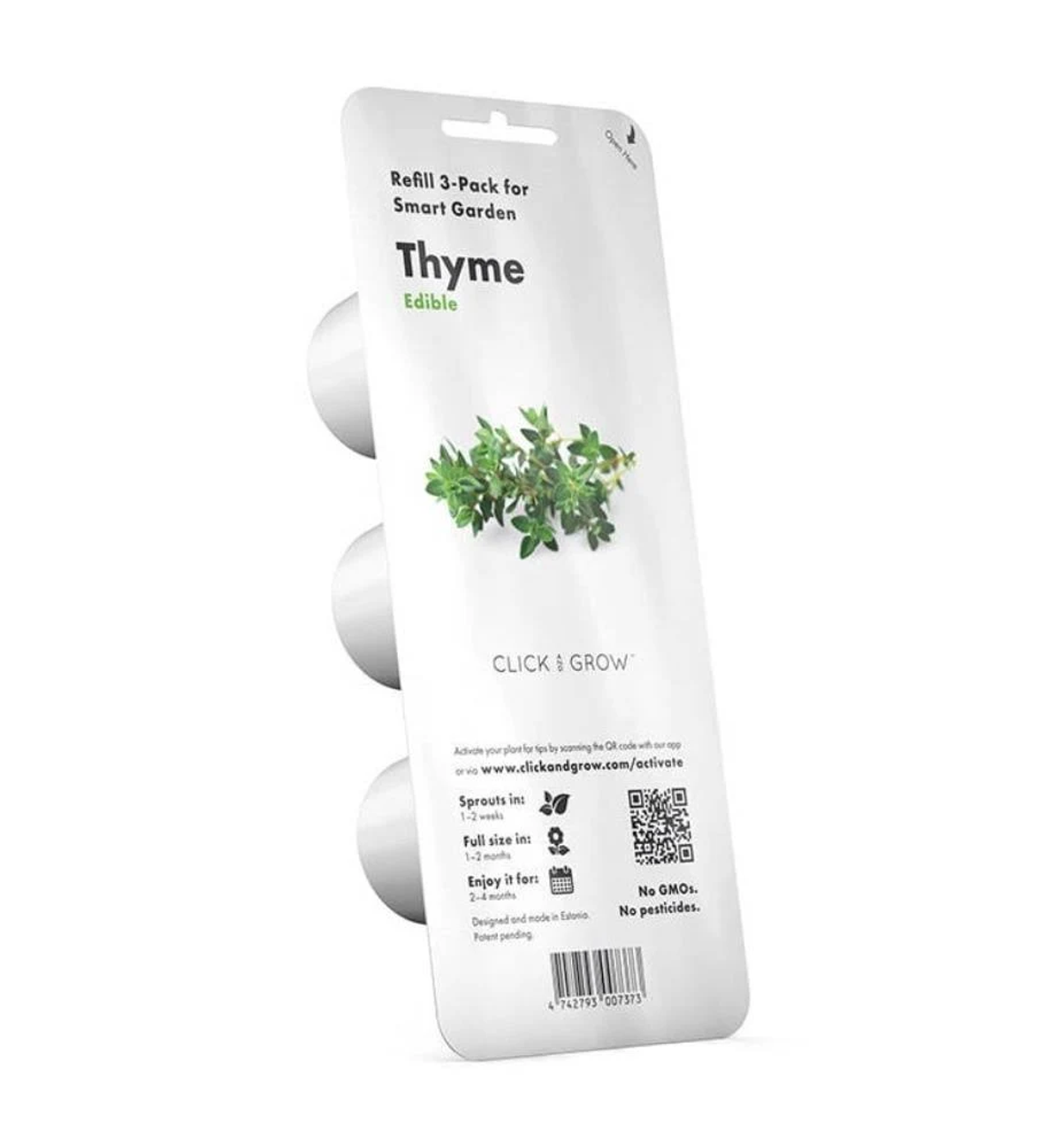 Un recambio de 3 paquetes para un jardín inteligente con tomillo. Incluye información y código QR.