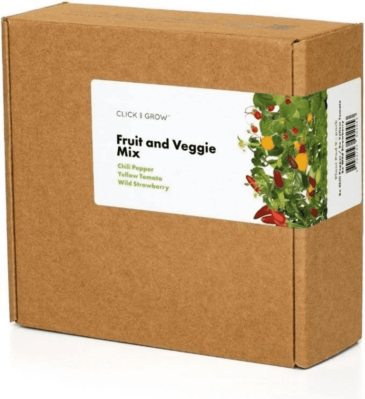 Scatola di cartone marrone con etichetta 'Fruit and Veggie Mix'.