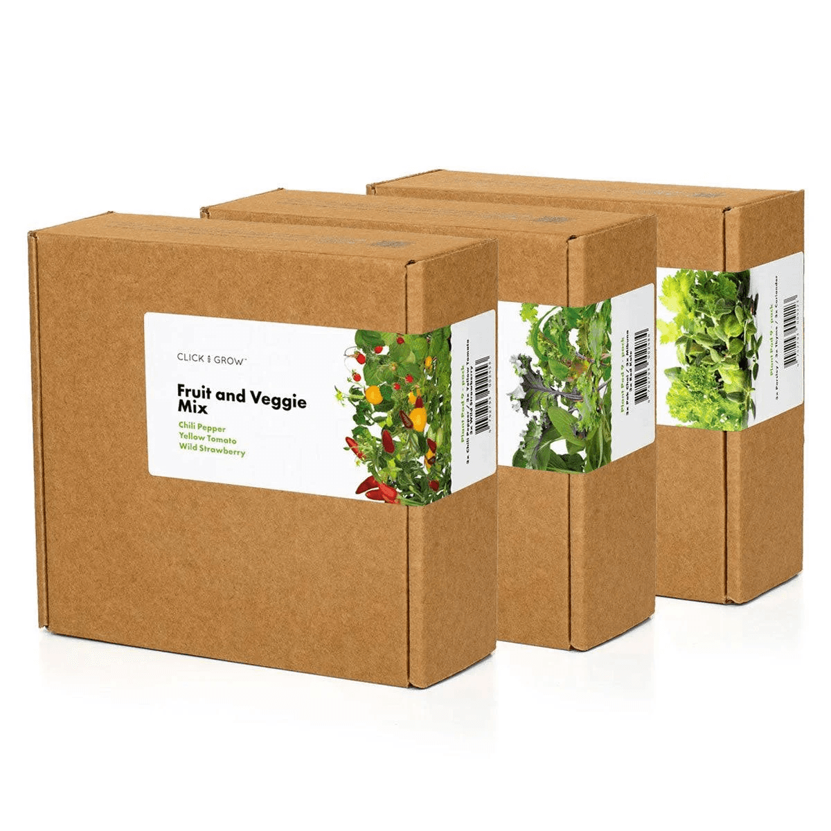 Tre scatole marroni con etichette per capsule di piante: Frutta e Verdura, Erbe, Insalata.
