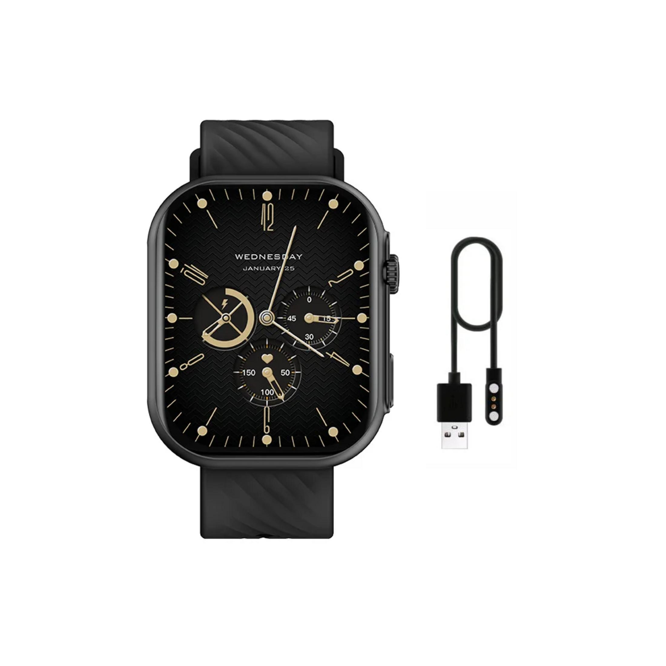 Czarny smartwatch z paskiem i kablem ładującym.