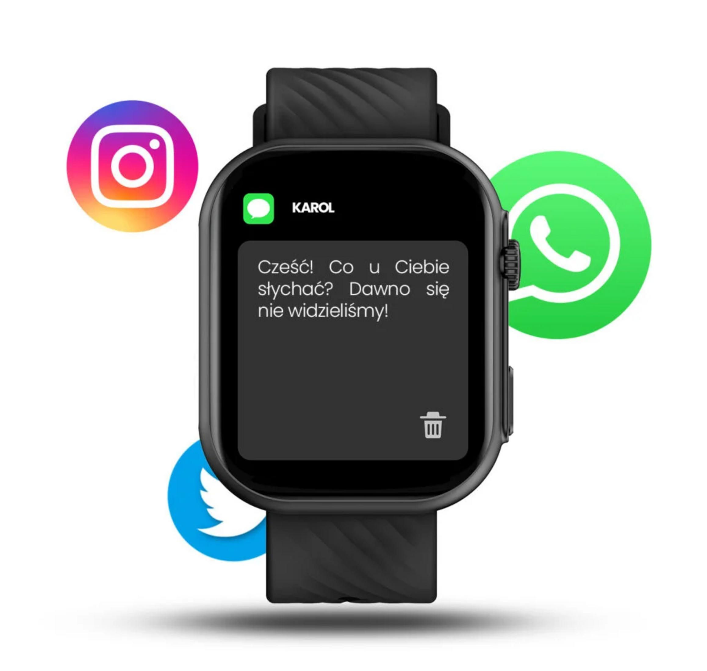 Smartwatch wyświetlający wiadomość, otoczony ikonami Instagram, WhatsApp i Twitter.