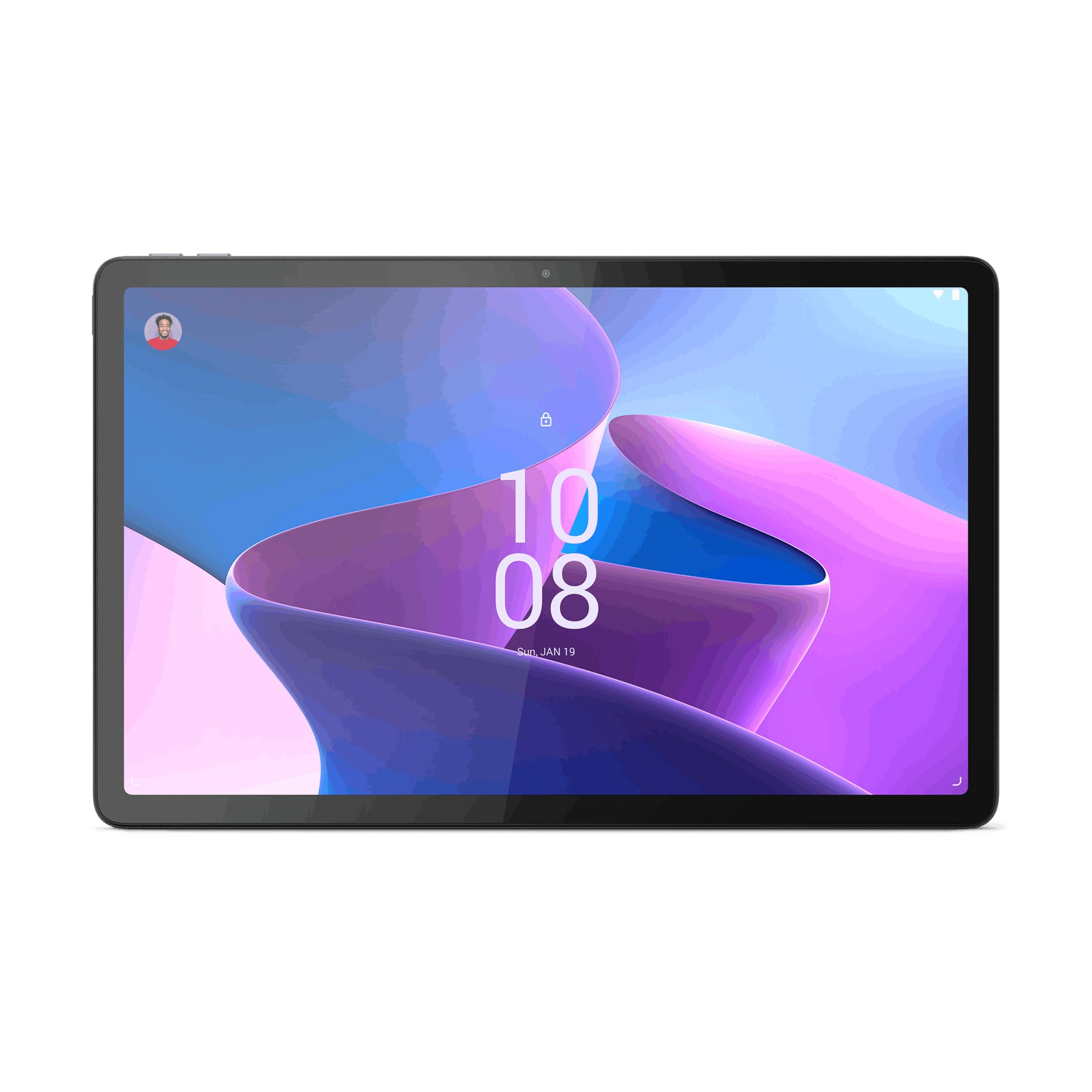 Un tablet nero con sfondo astratto e l'ora 10:08.