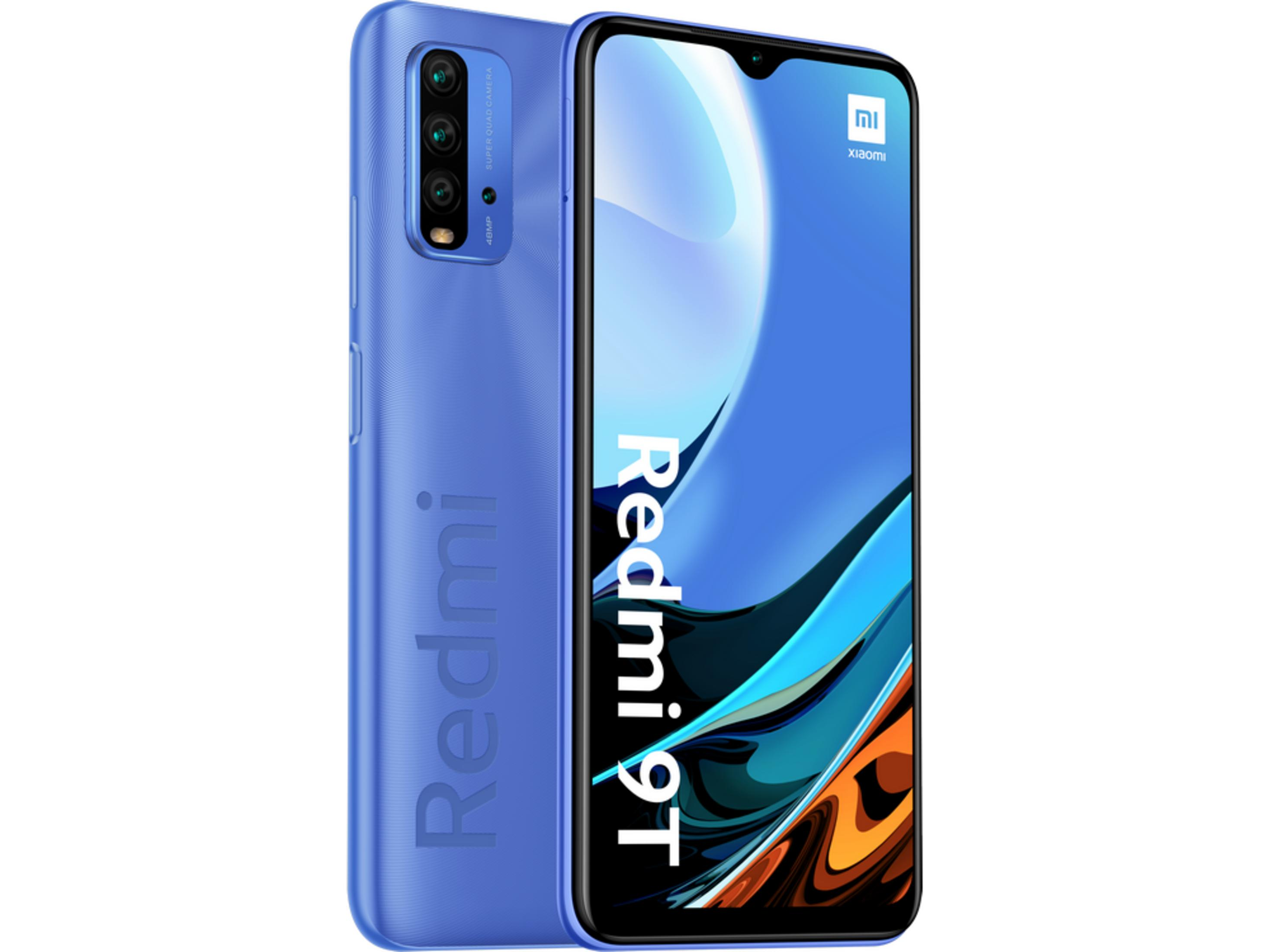 Un smartphone Redmi 9T azul con configuración de triple cámara trasera.
