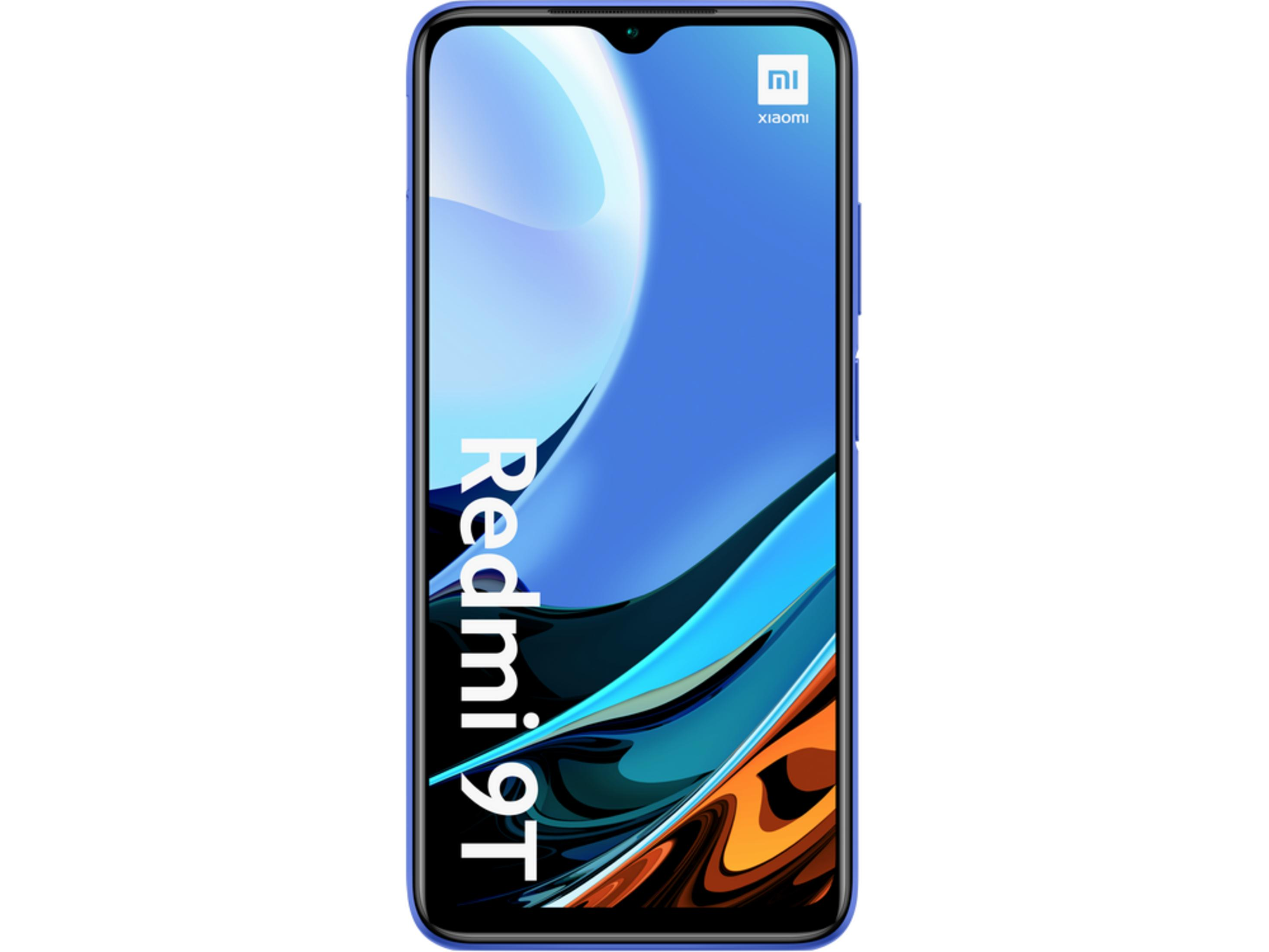 Smartphone Xiaomi Redmi 9T azul con fondo abstracto.