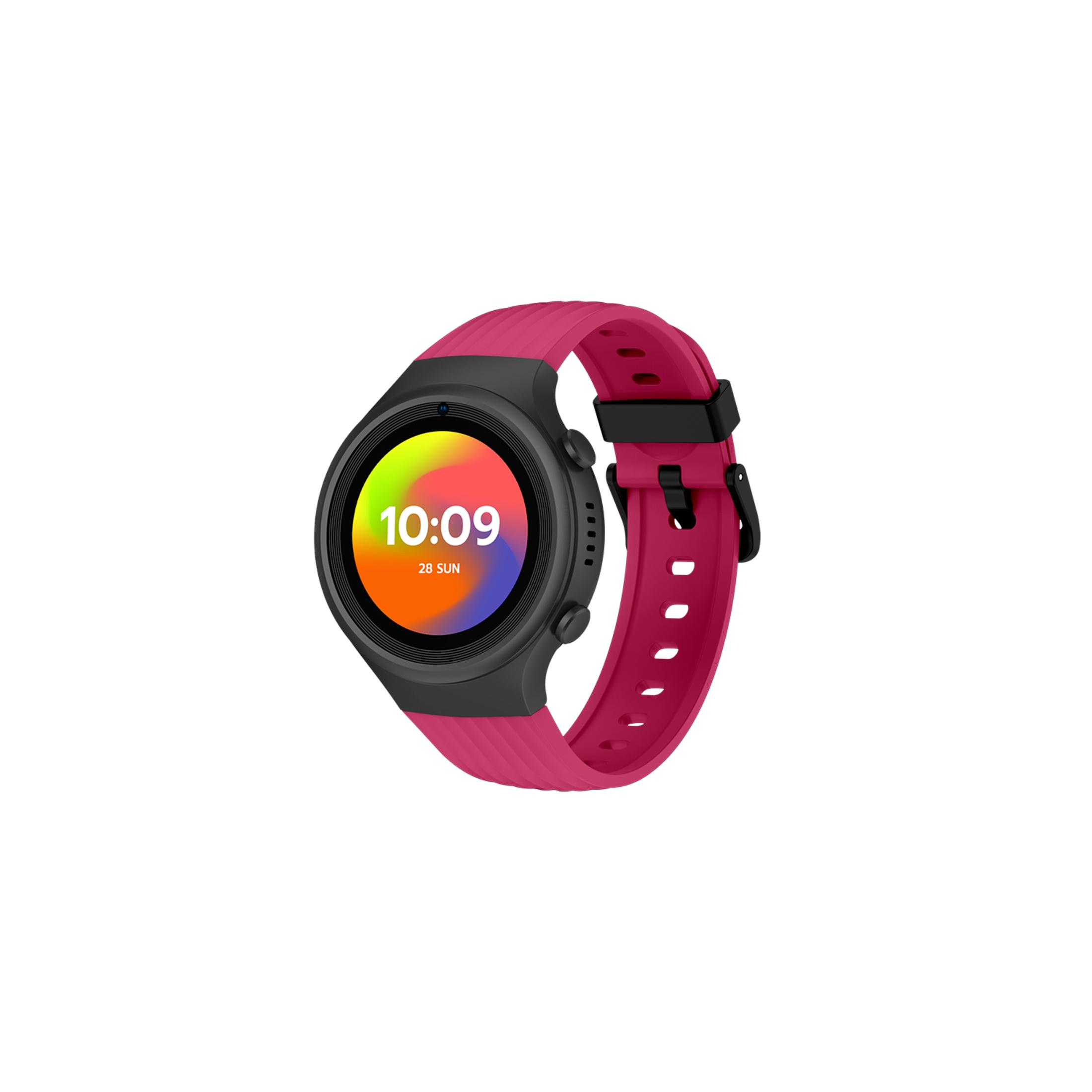 Uno smartwatch rosa con cassa nera e display colorato.