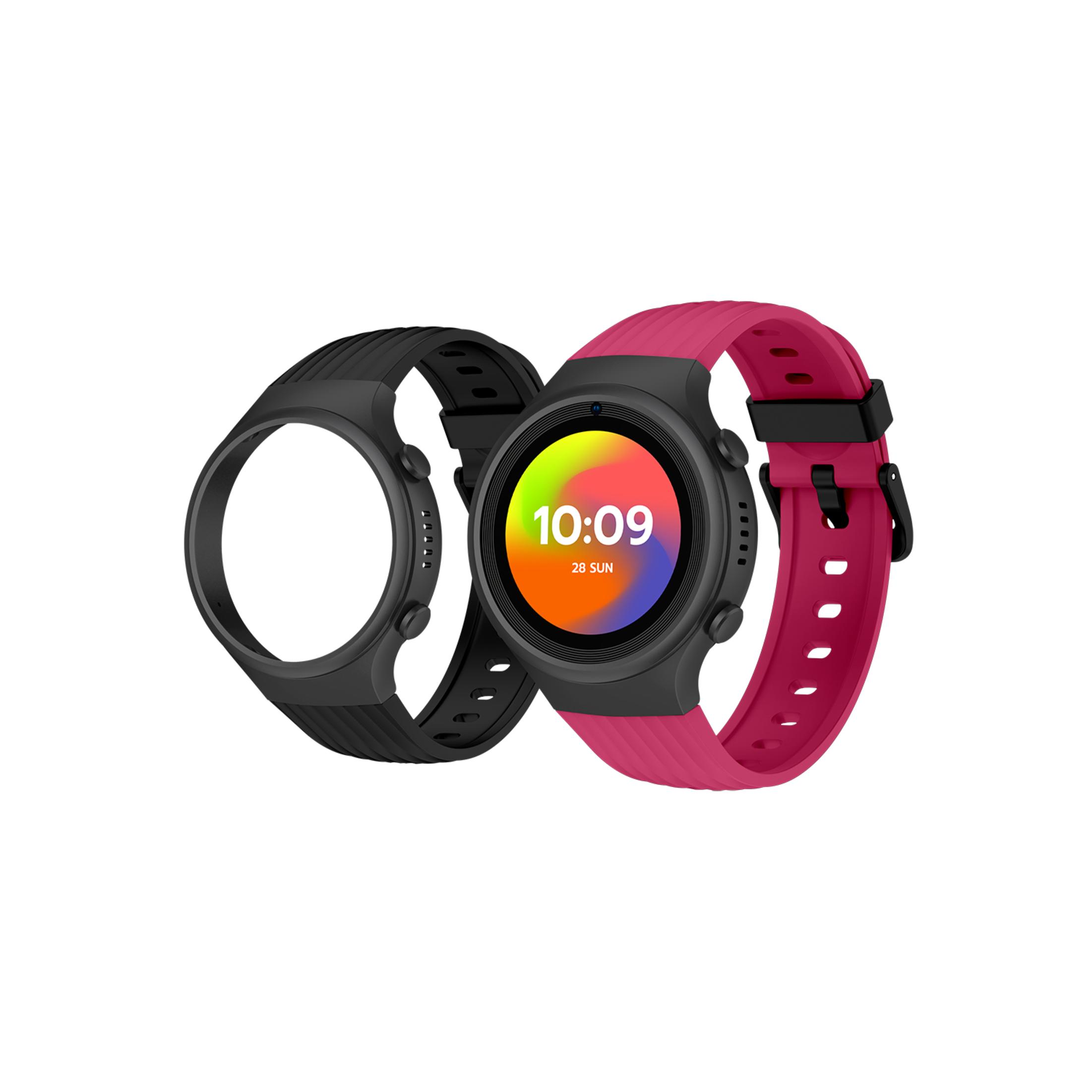 Due smartwatch, una nera e una rosa con display colorato.
