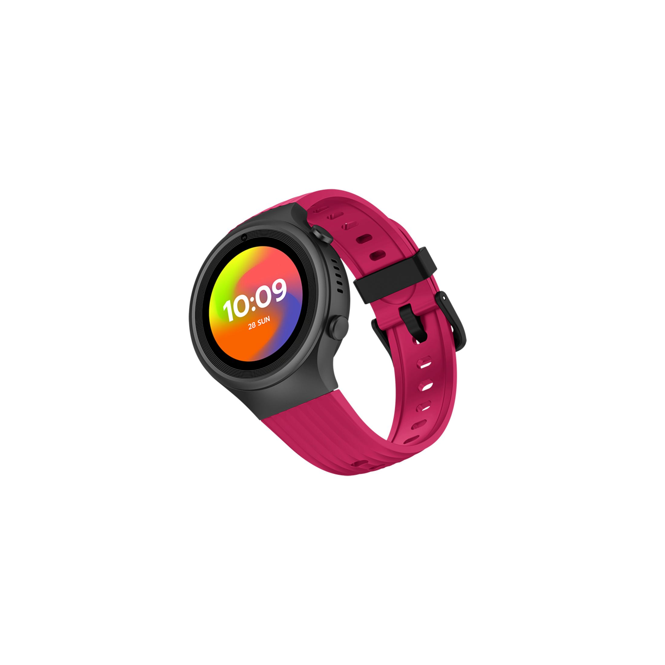 Uno smartwatch rosa con cassa e cinturino neri, mostra le 10:09.