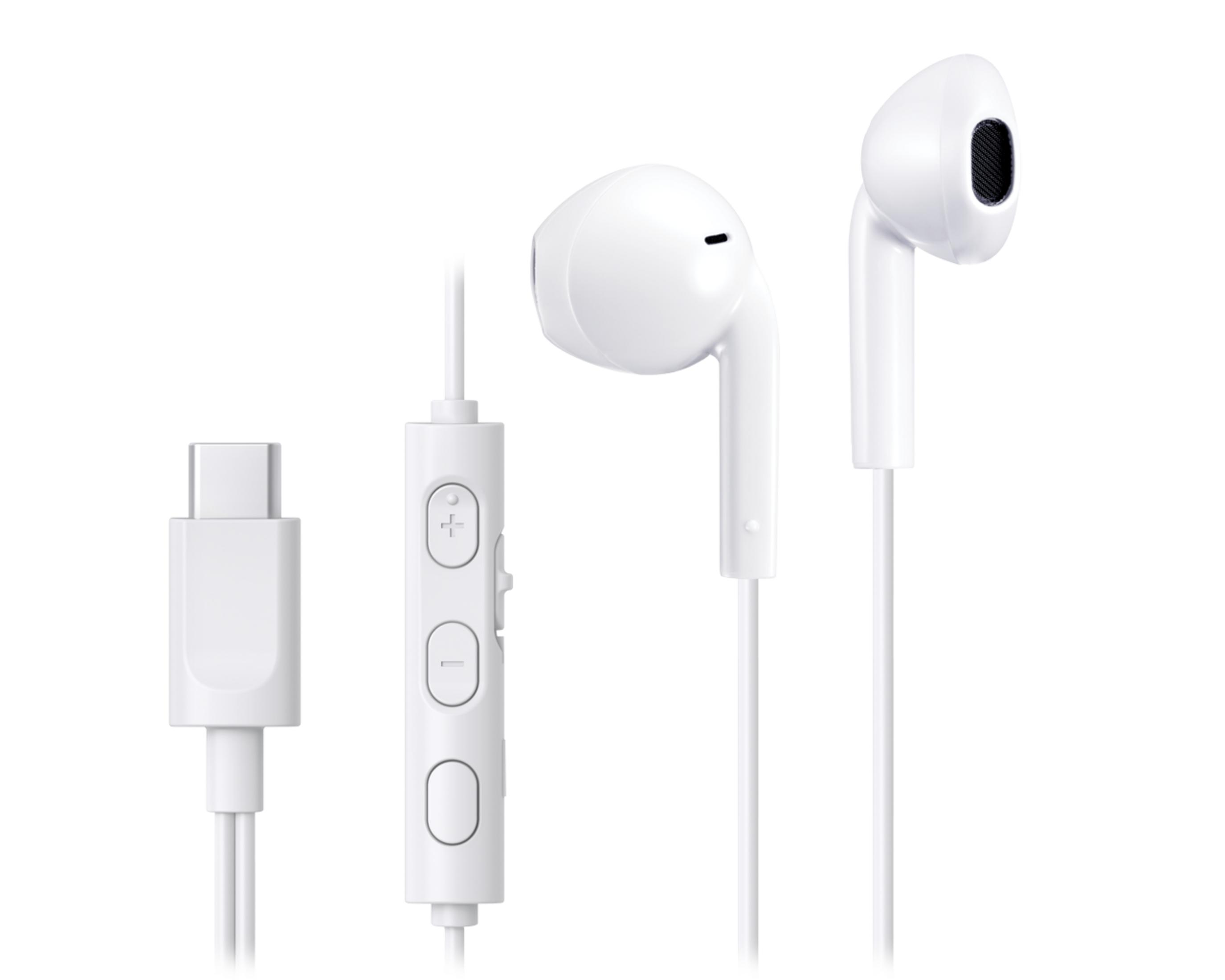Auricolari bianchi con connettore USB-C e pulsanti volume.