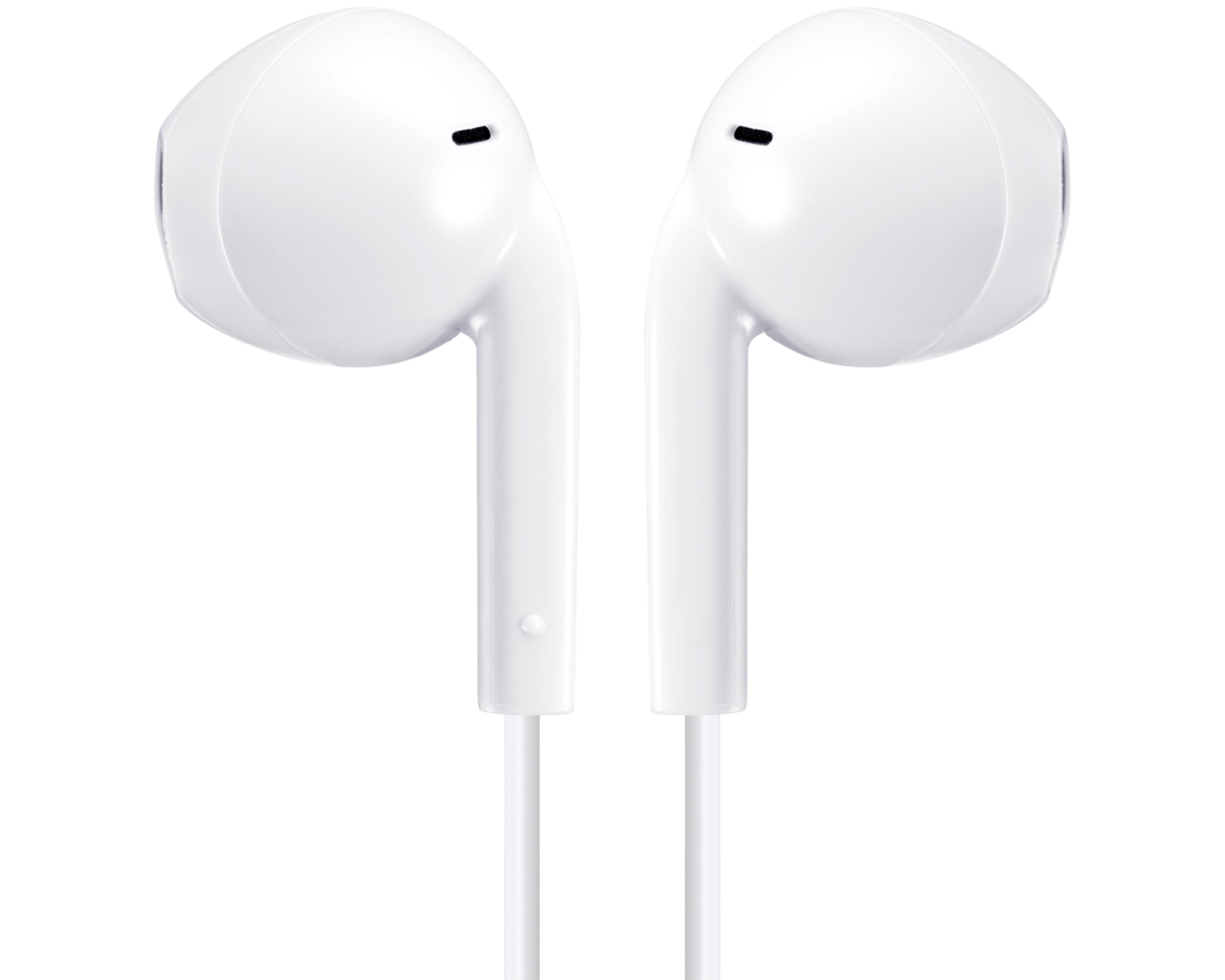 Due auricolari bianchi con cavo su sfondo bianco.