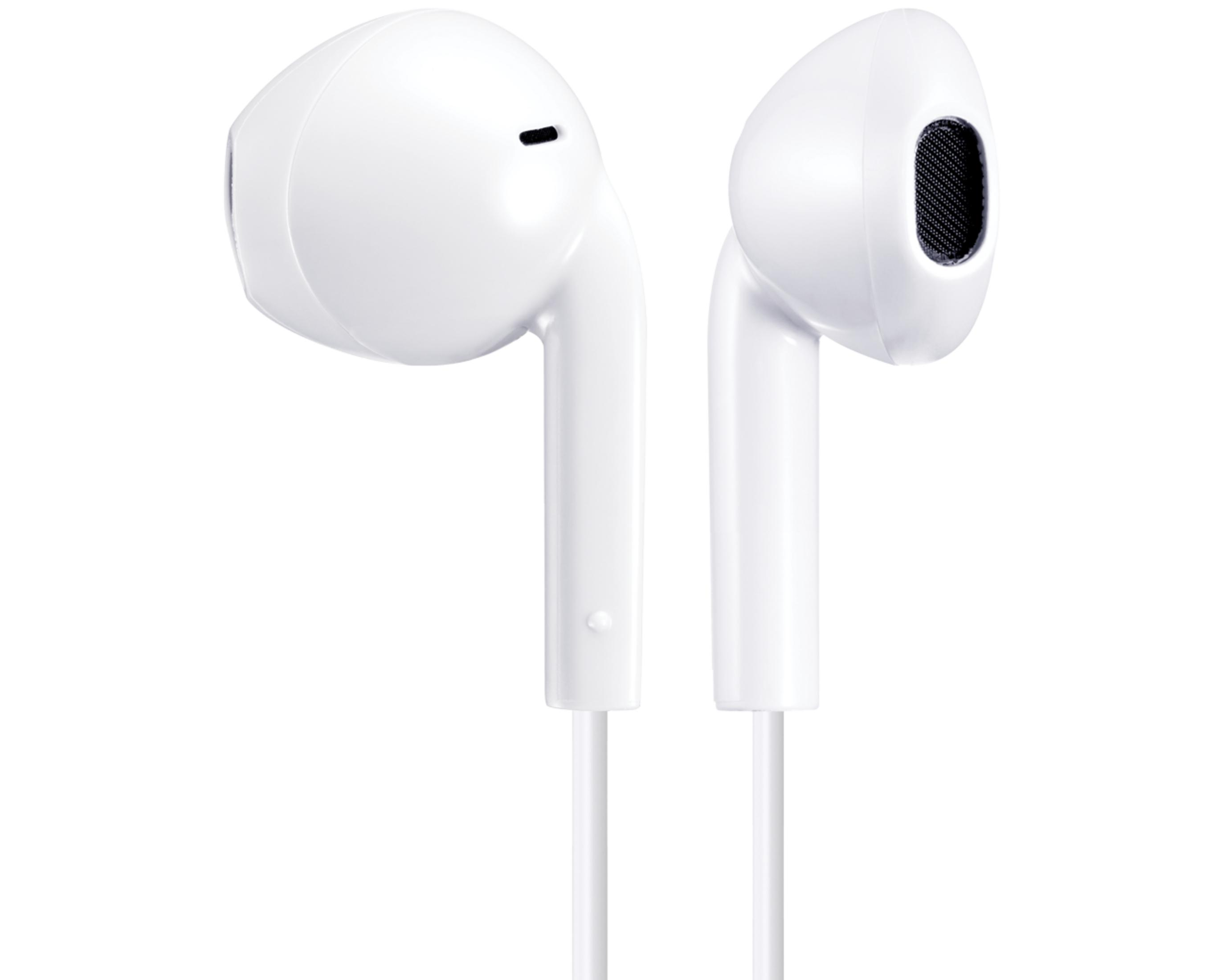 Due auricolari bianchi con filo su sfondo bianco.