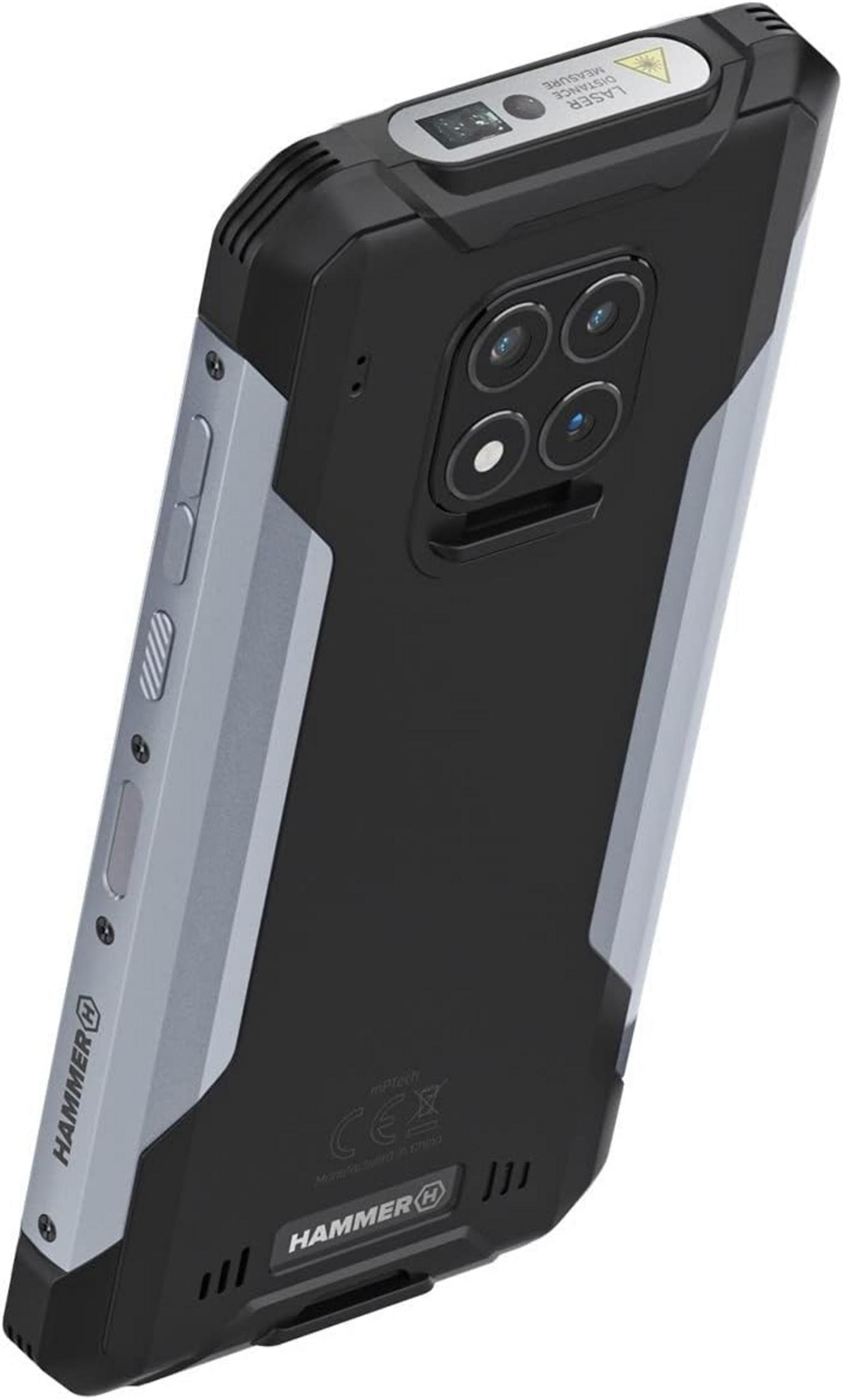 Smartphone robusto nero con quattro fotocamere posteriori e misuratore di distanza laser.