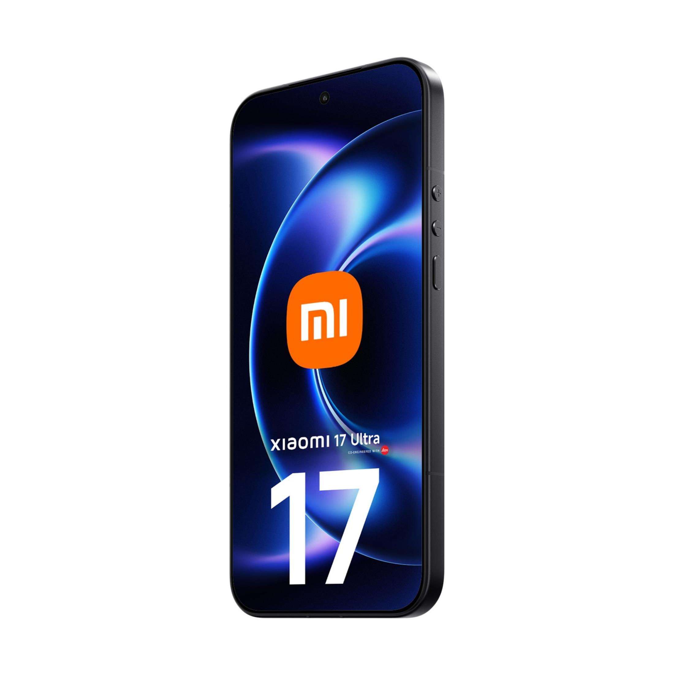 Ein schwarzes Xiaomi 17 Ultra Smartphone mit einem blauen und violetten Hintergrund.
