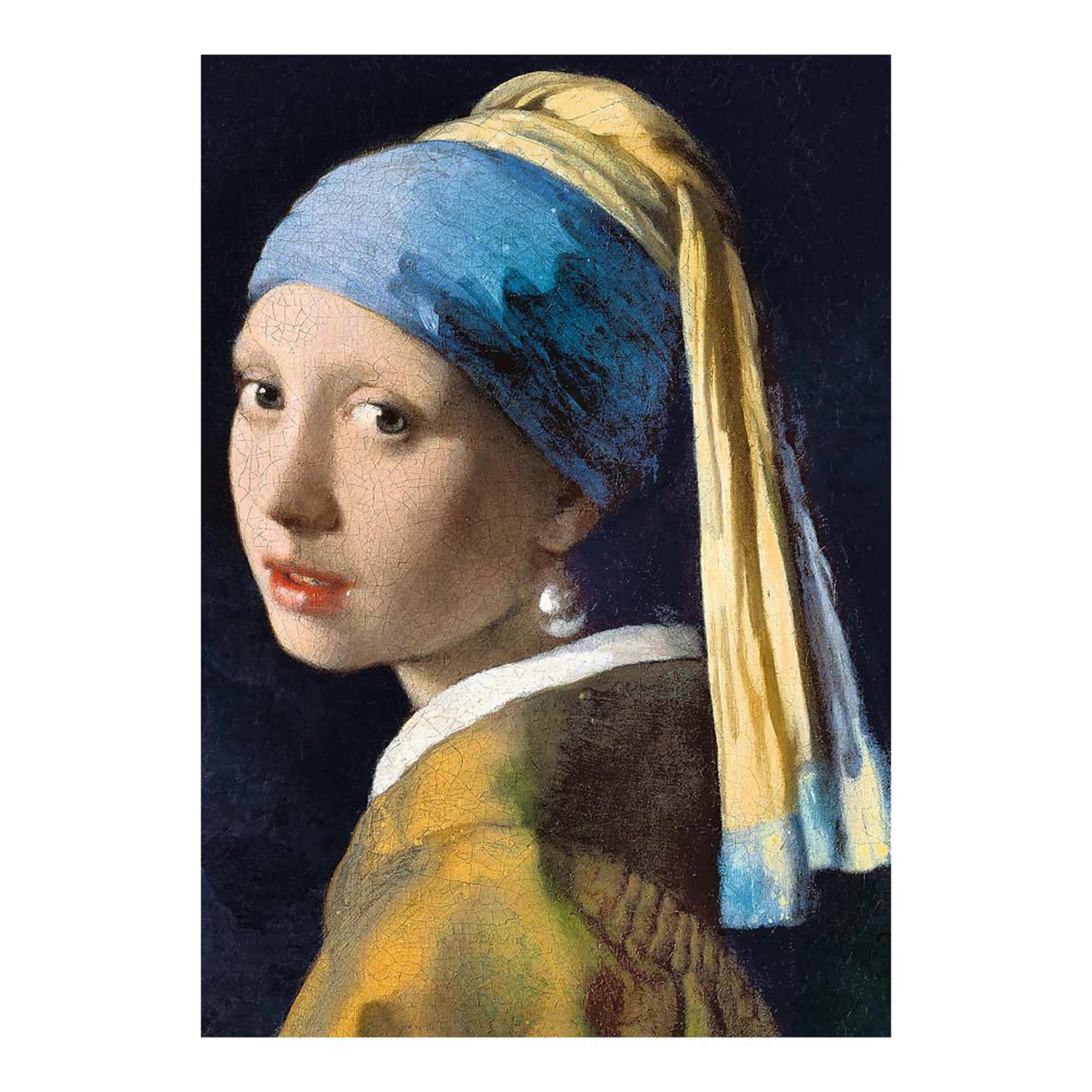 Una niña con turbante azul y pendiente de perla mira por encima del hombro.
