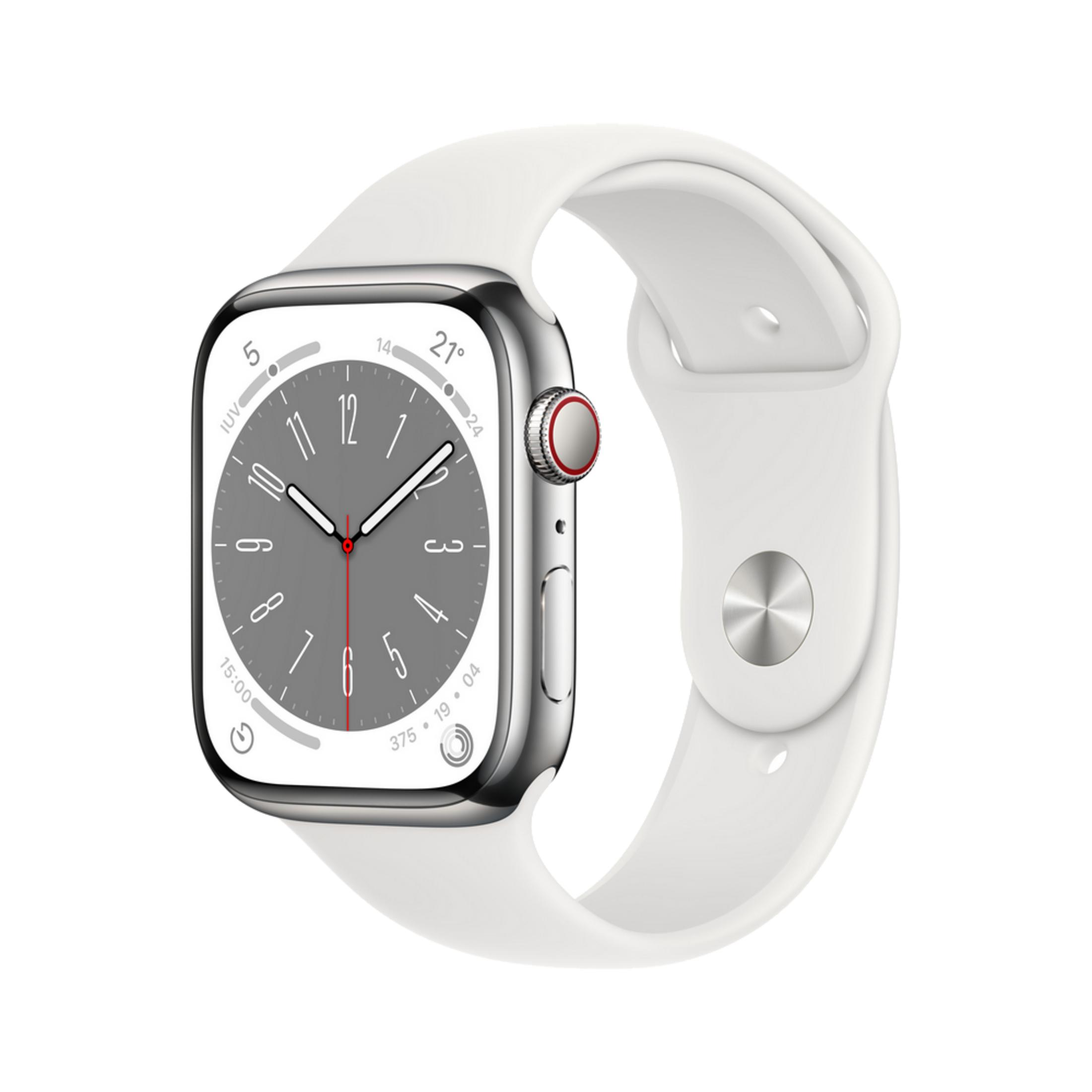 Eine weiße Smartwatch mit silbernem Gehäuse und digitaler Anzeige.