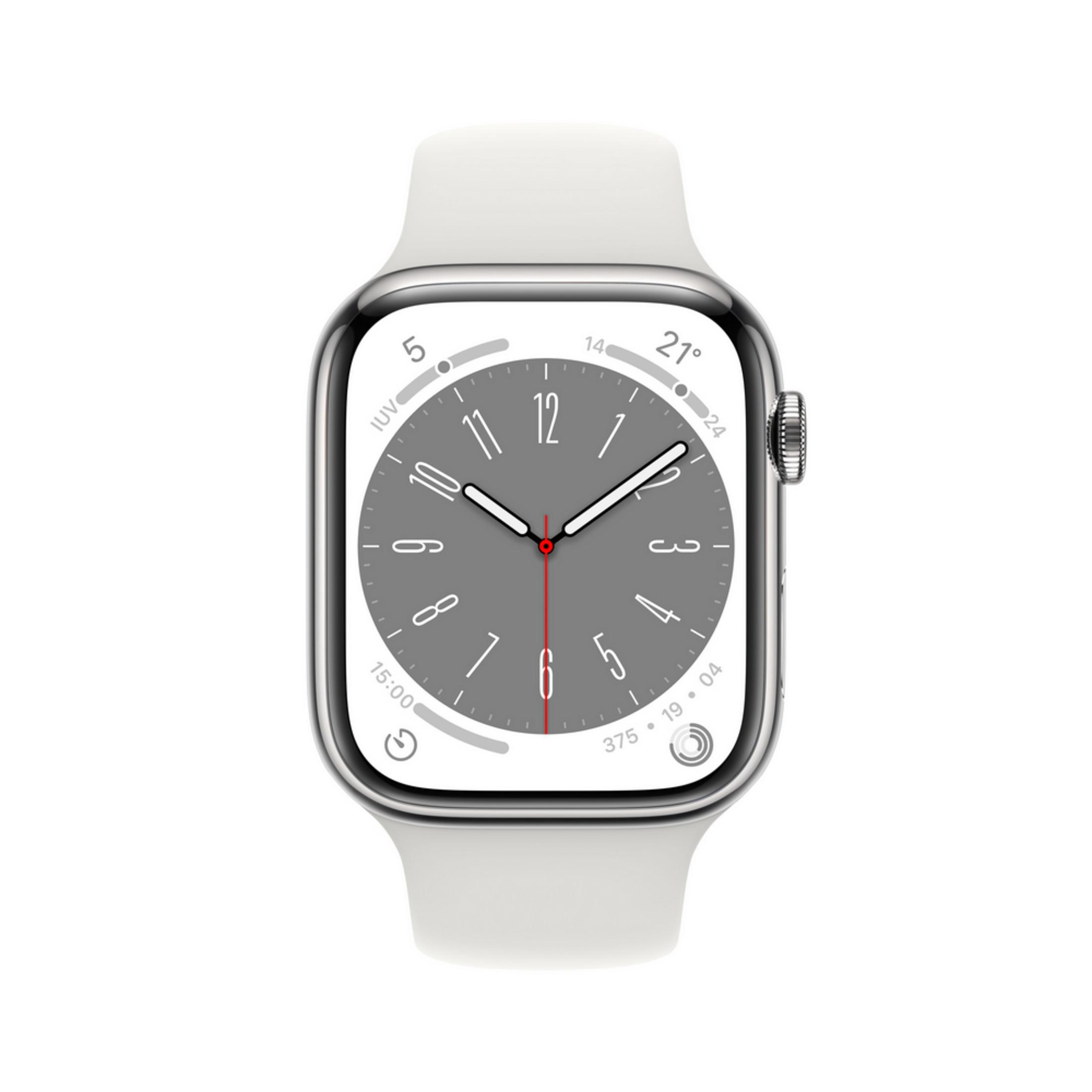 Eine silberne Smartwatch mit weißem Armband zeigt die Zeit 10:09.
