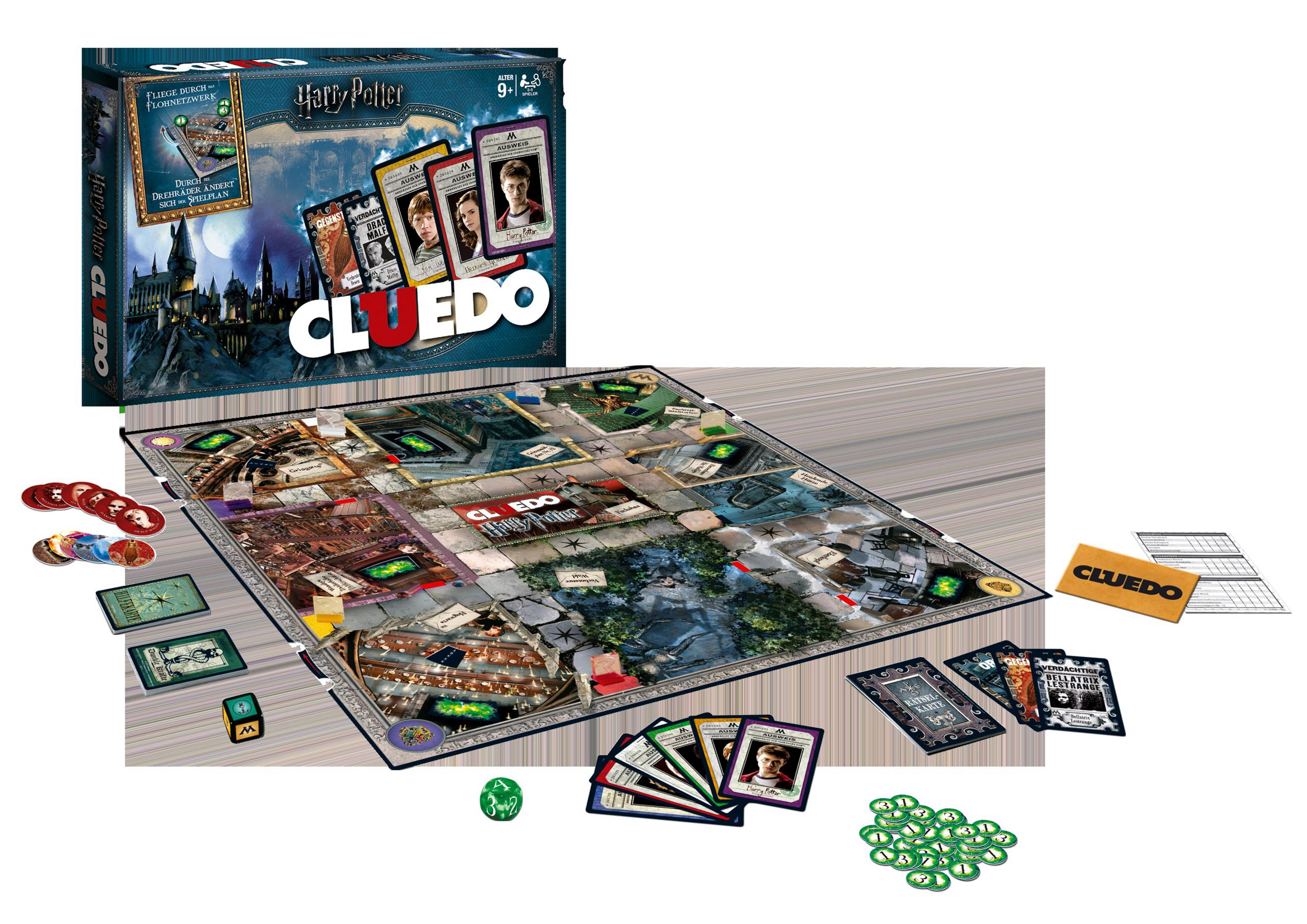 Harry Potter Cluedo Spielbrett mit Karten, Würfel und Spielsteinen.