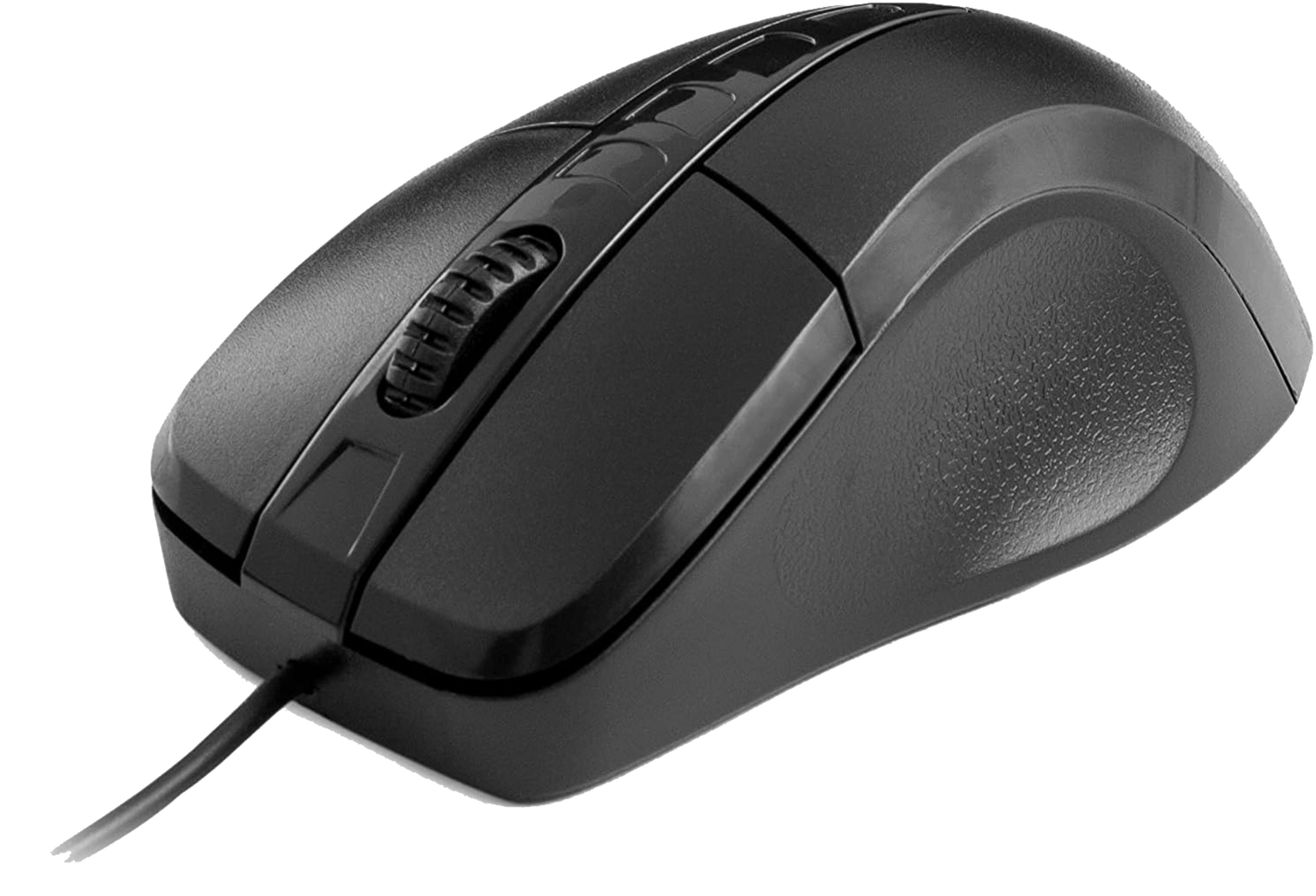 Mouse per computer nero con rotella di scorrimento e cavo, su bianco.