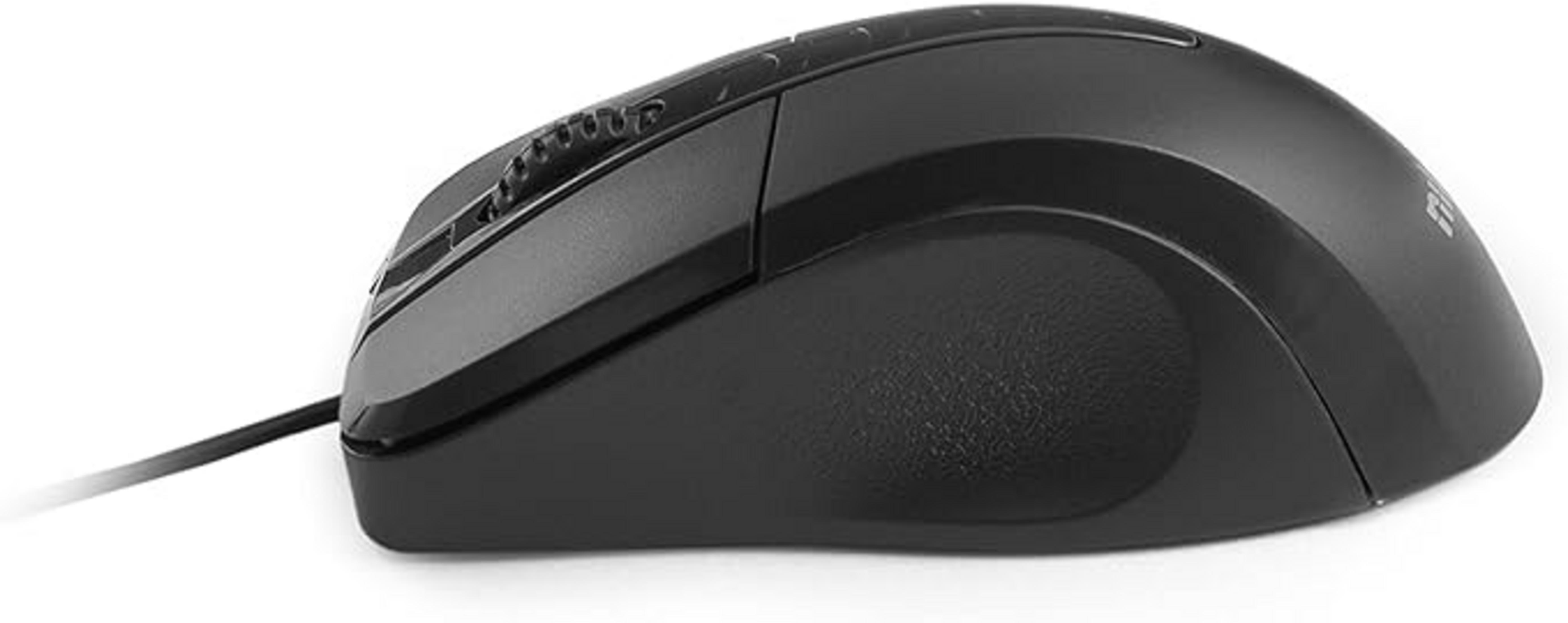 Mouse per computer nero con rotella di scorrimento e cavo su sfondo bianco.