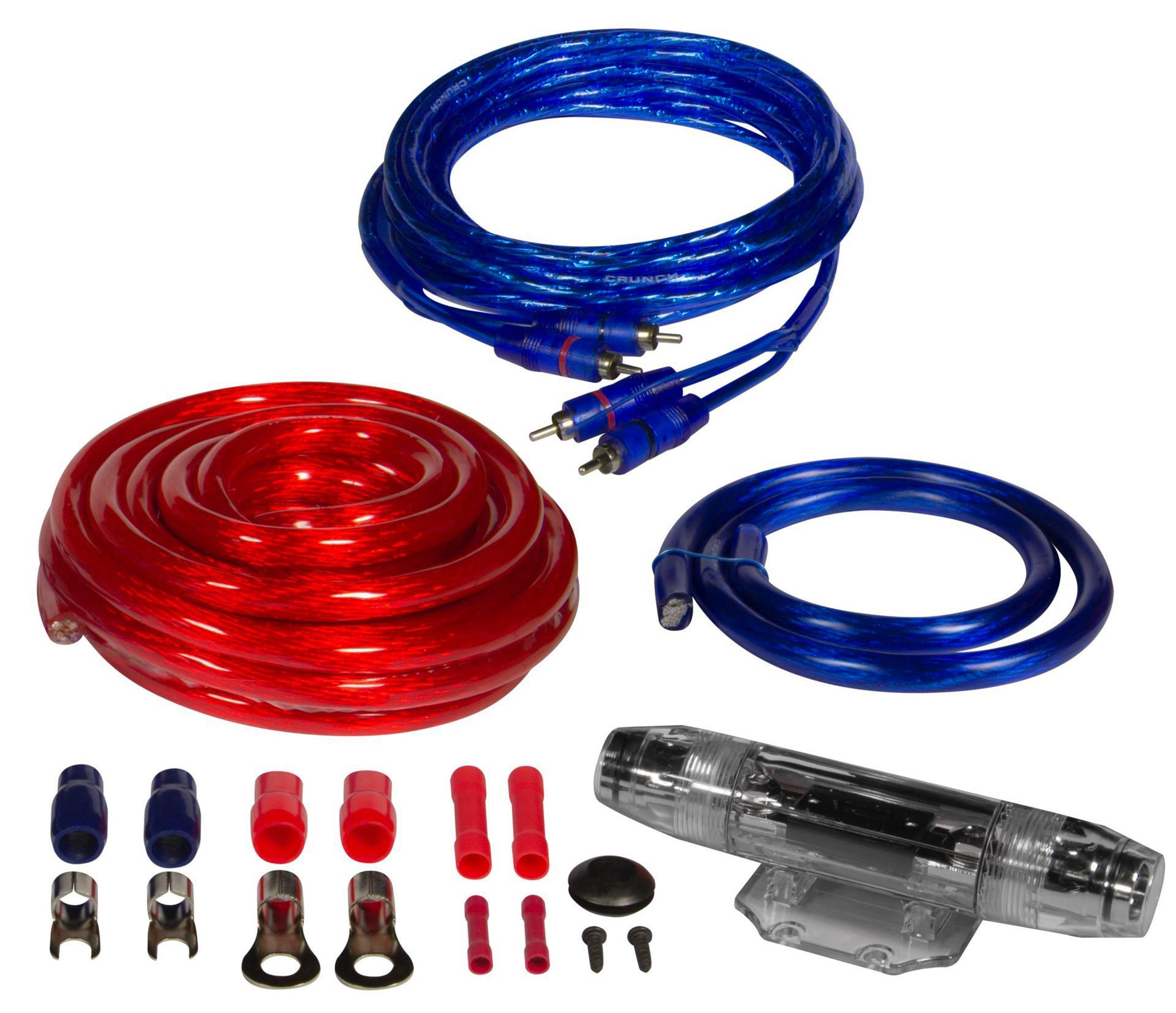 Rote und blaue Kabel, Sicherungshalter und Anschlüsse auf weißem Hintergrund.