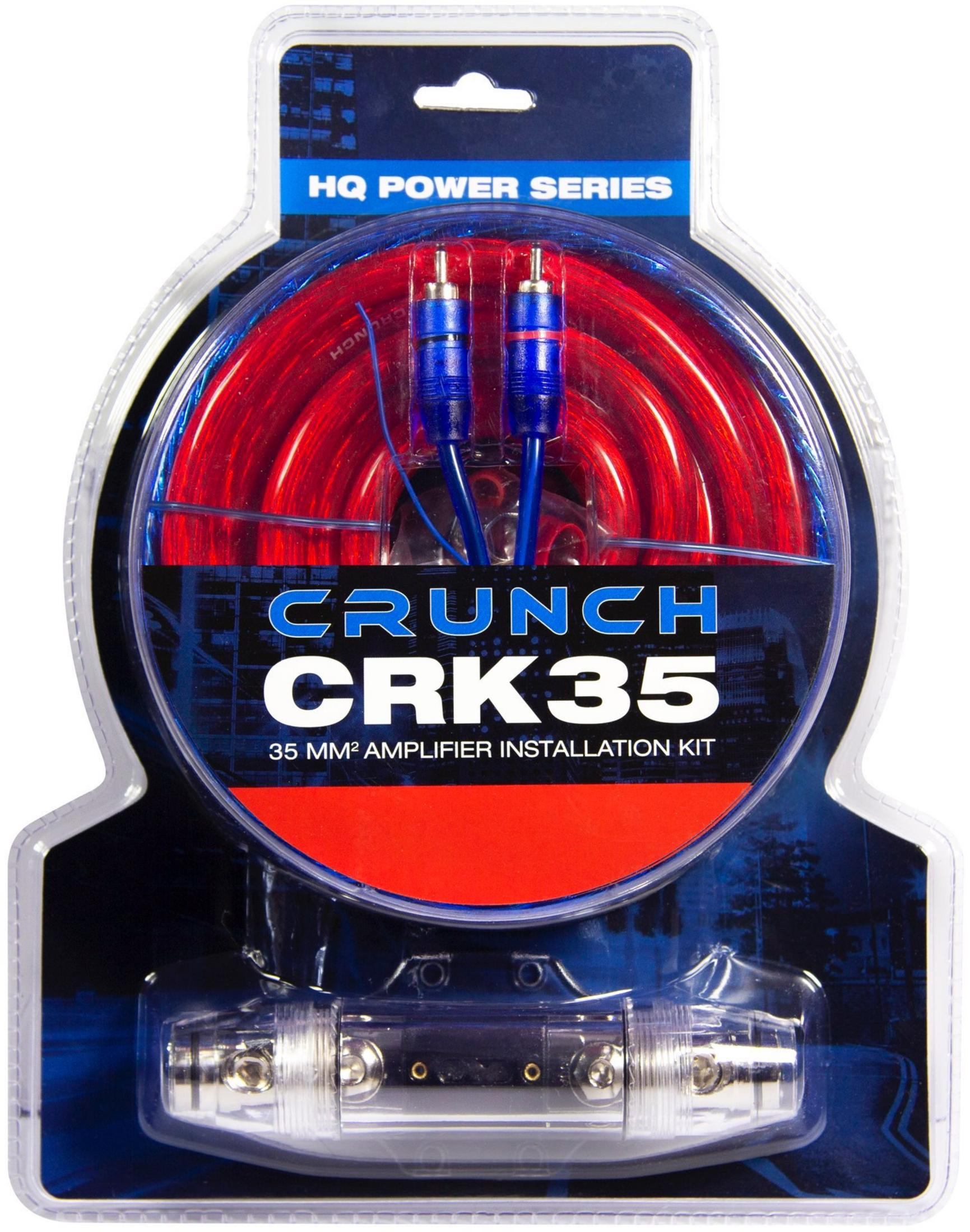 Crunch CRK35 Verstärker-Installationskit mit roten Kabeln und blauen Steckern.