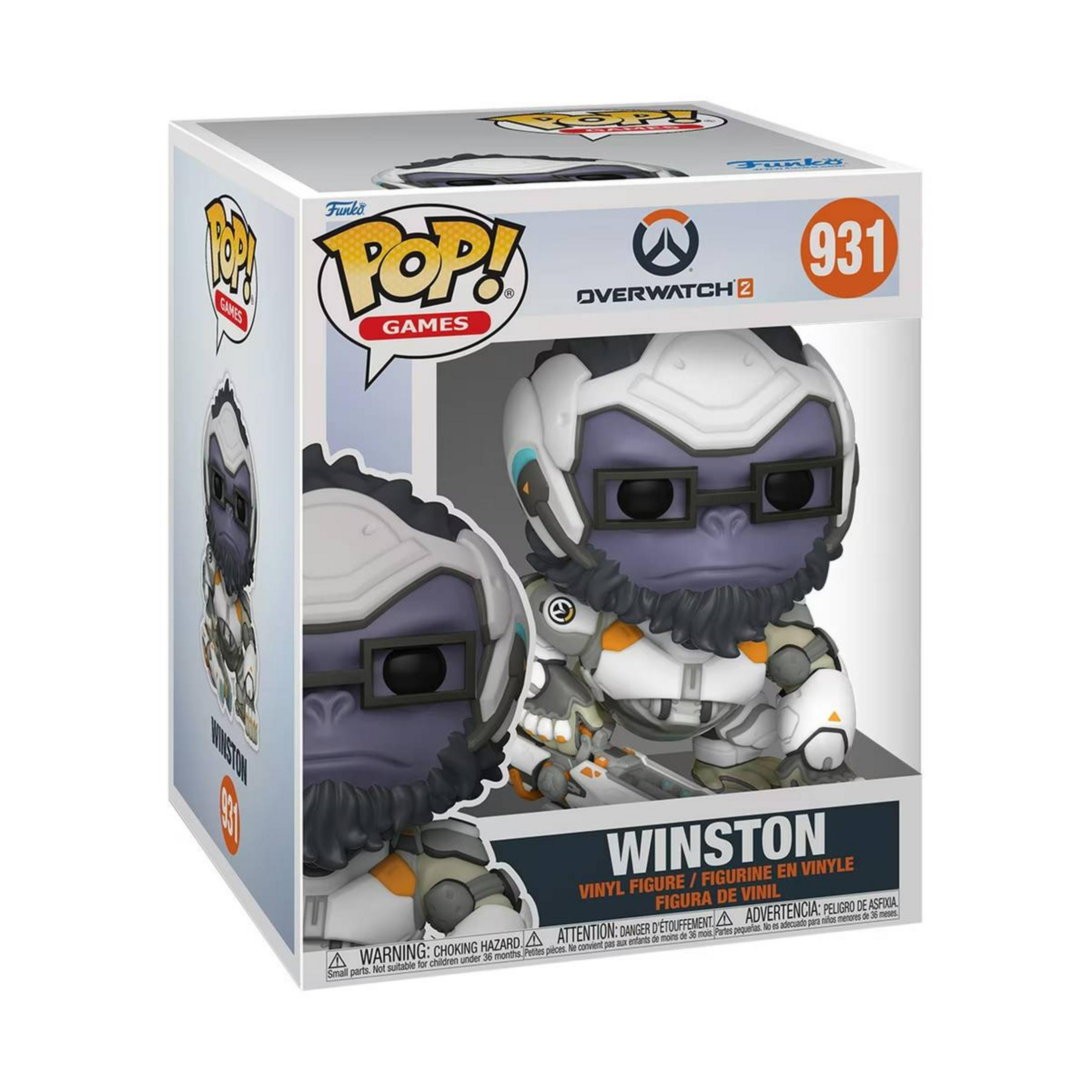 Action figure Funko Pop! di Winston da Overwatch 2 in scatola. Scimmia viola con occhiali e tuta.