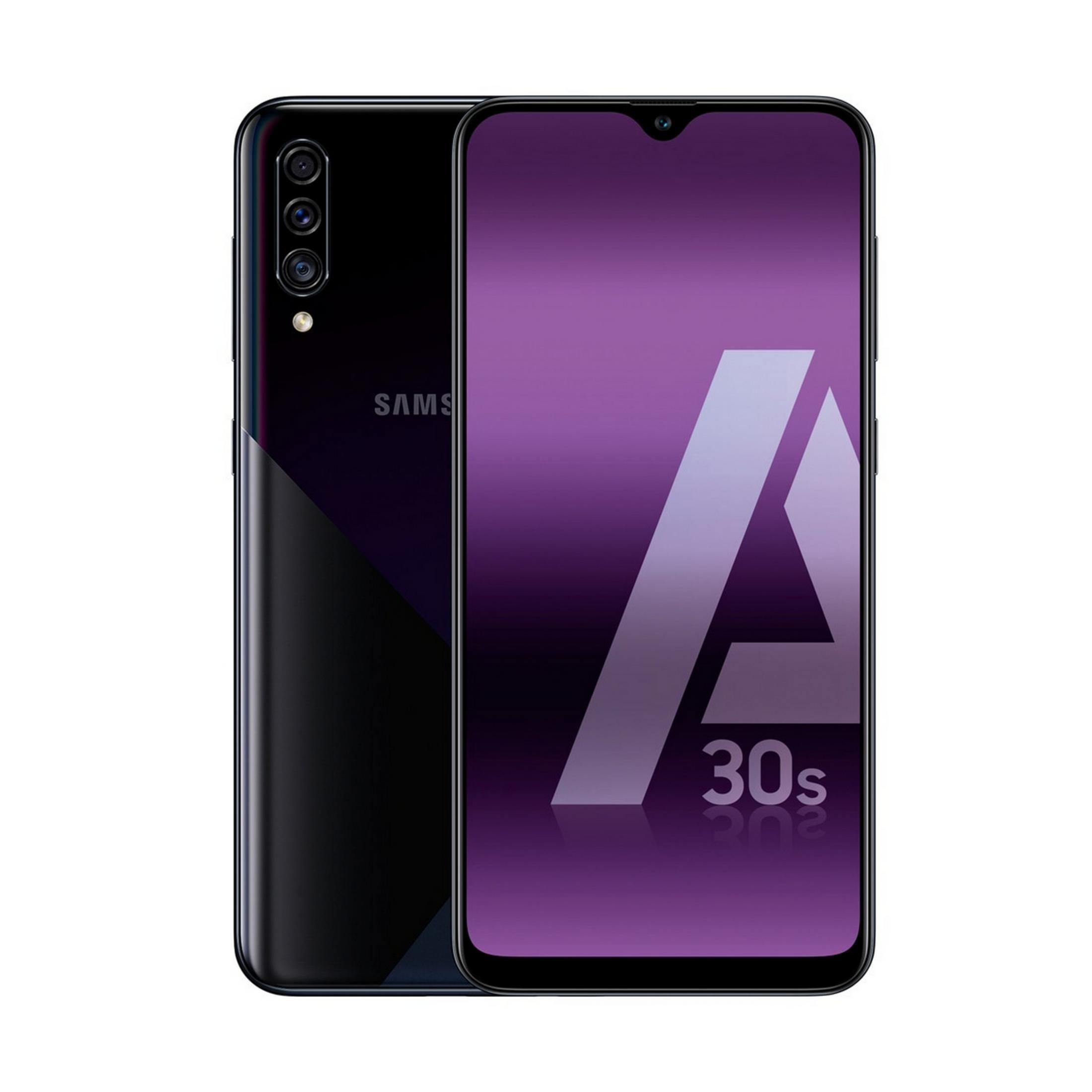 Schwarzes Samsung-Handy mit Dreifachkamera hinten, violetter Bildschirm zeigt 'A 30s'.