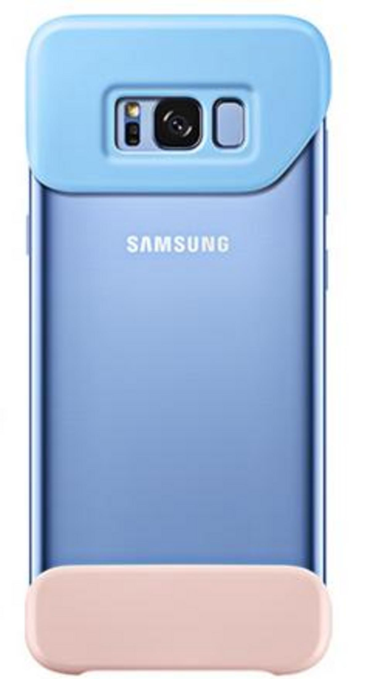 Un telefono Samsung blu con coperture protettive azzurro e rosa.