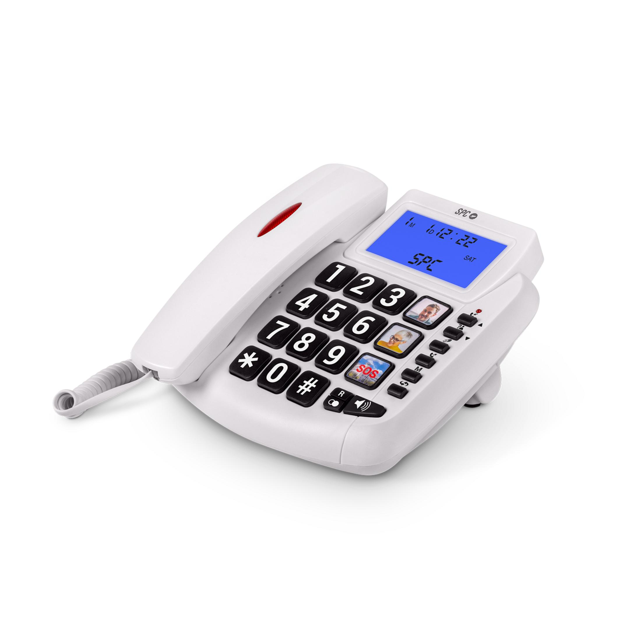 Telefono fisso bianco SPC con tasti grandi, display con ora e pulsante SOS.