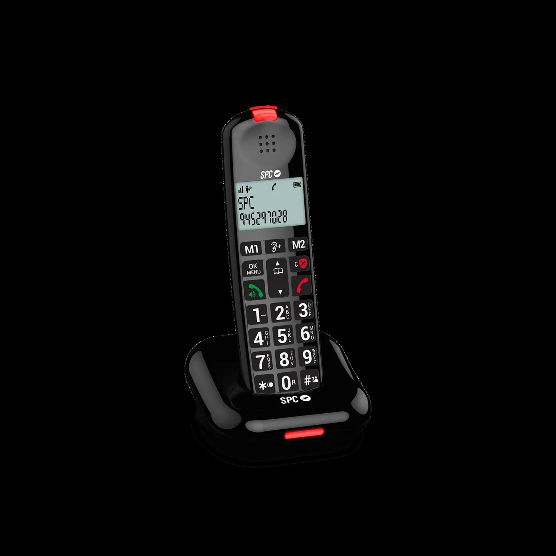 Un telefono cordless nero con accento rosso sulla sua base di ricarica.