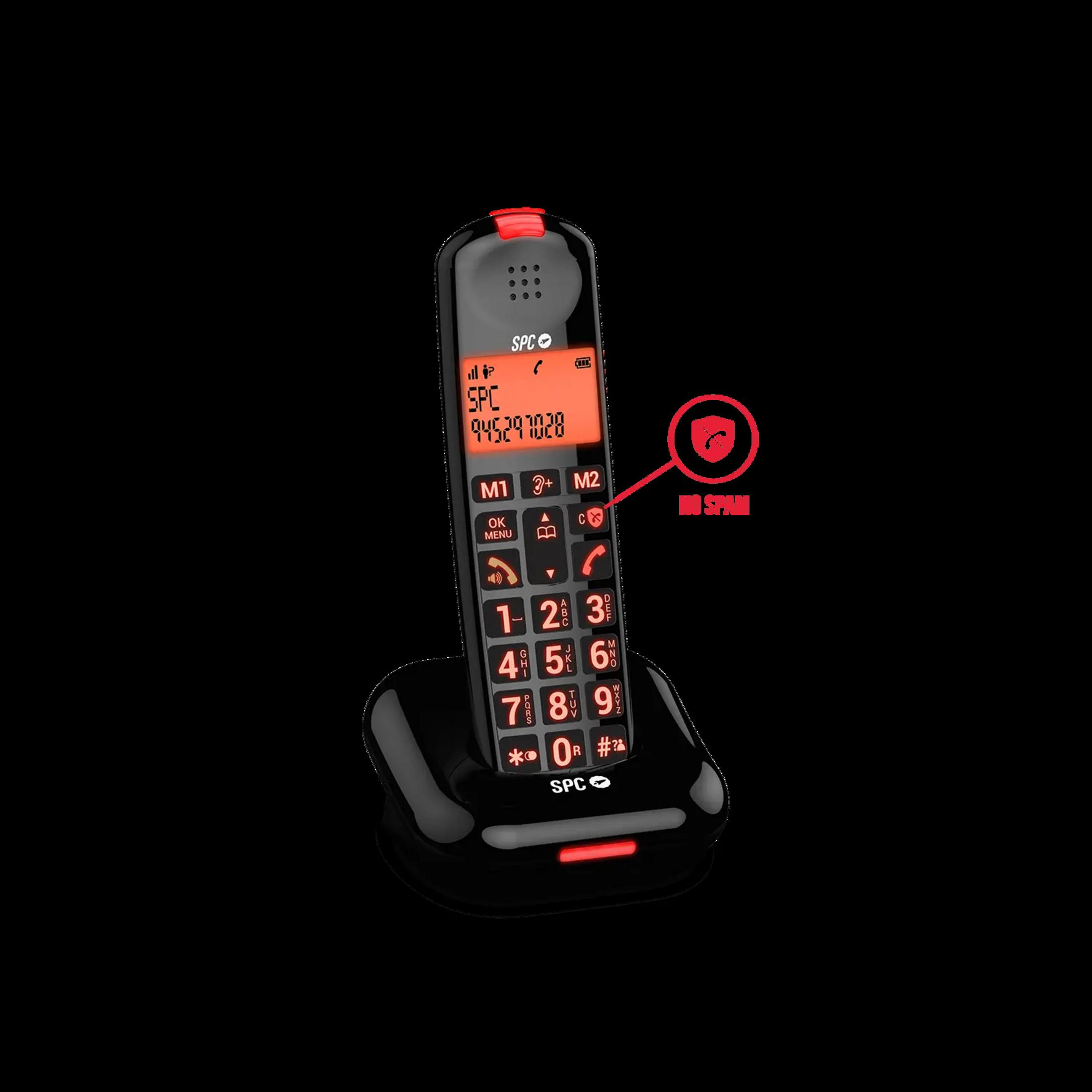 Telefono cordless nero con accenti rossi su base nera.