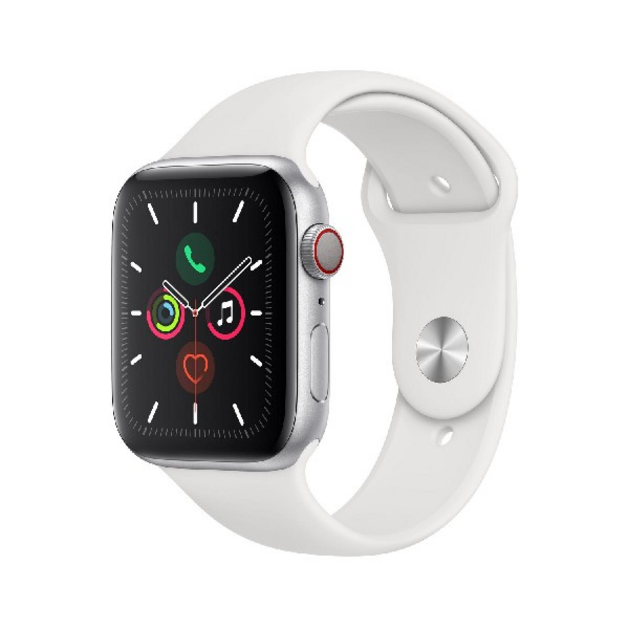 Uno smartwatch argentato con cinturino bianco e quadrante scuro.