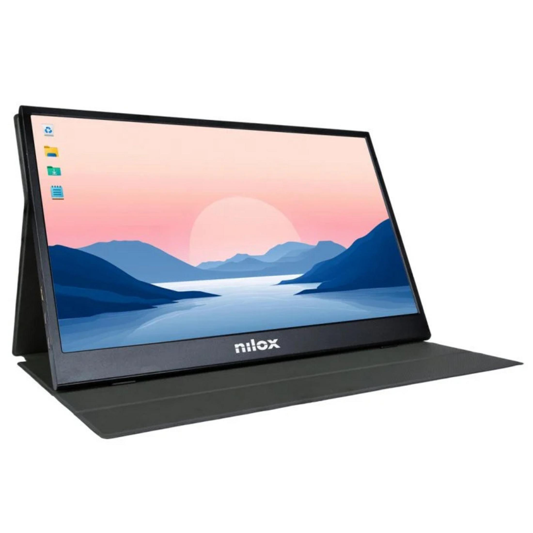 Un monitor portátil con el logo de Nilox, mostrado sobre un soporte oscuro.